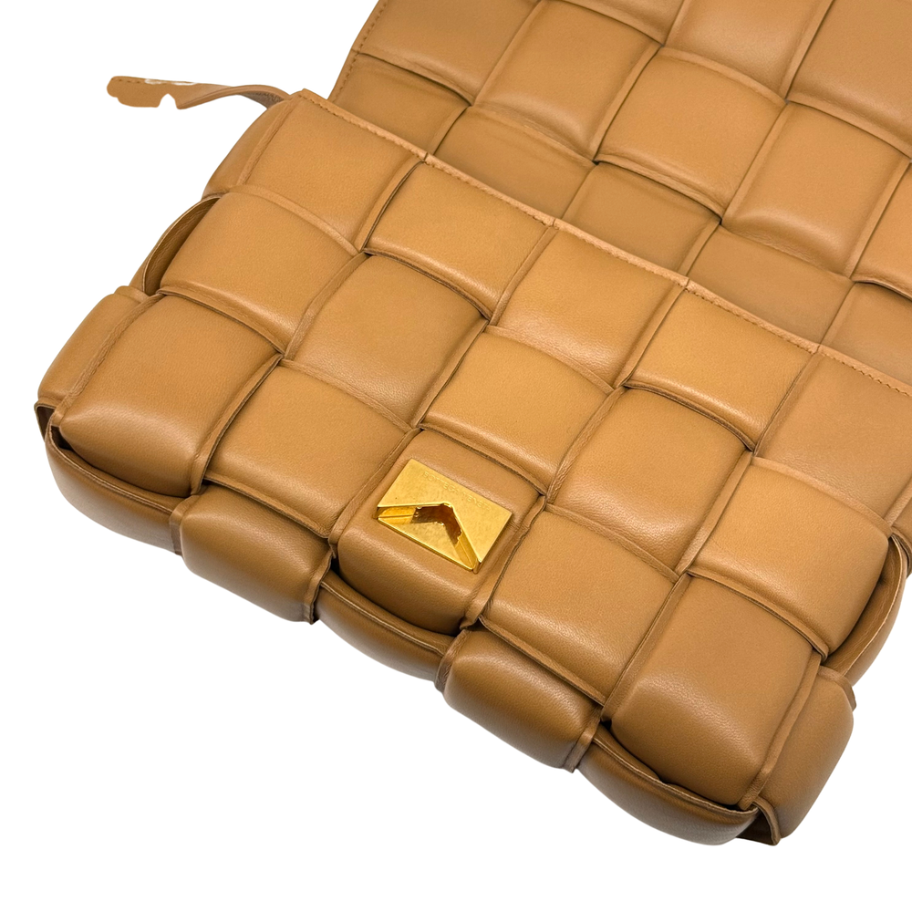 Bottega Veneta tan leather crossbody bag, woven panel design, gold triangle clasp