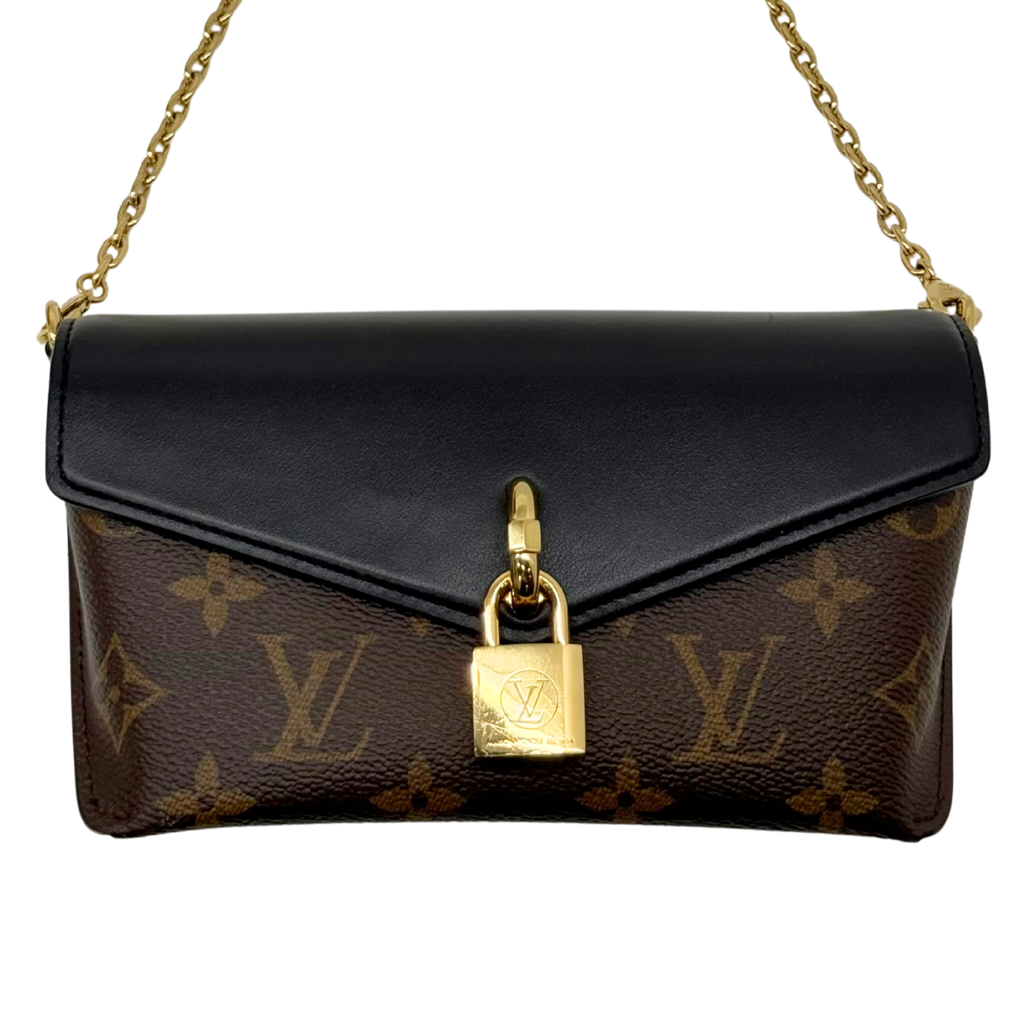 Small monogram shoulder bag with black flap, gold lock charm, and chain strap