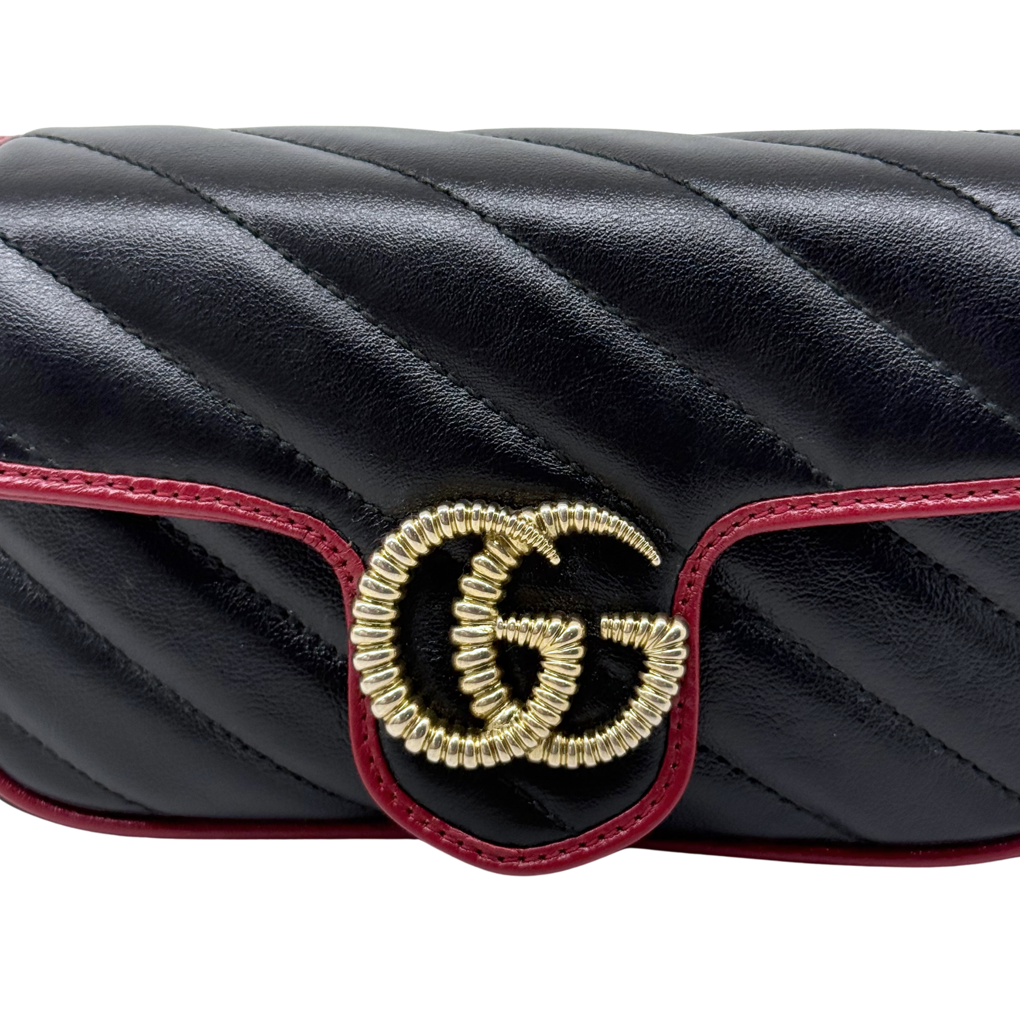 Gucci black and red Super Mini GG Marmont Matelasse Leather Torchon Flap crossbody bag (brand new)