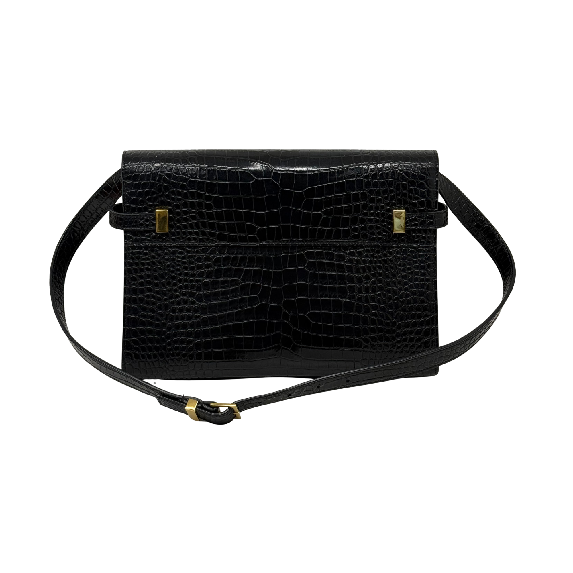 Black croc-embossed leather mini crossbody bag with adjustable strap