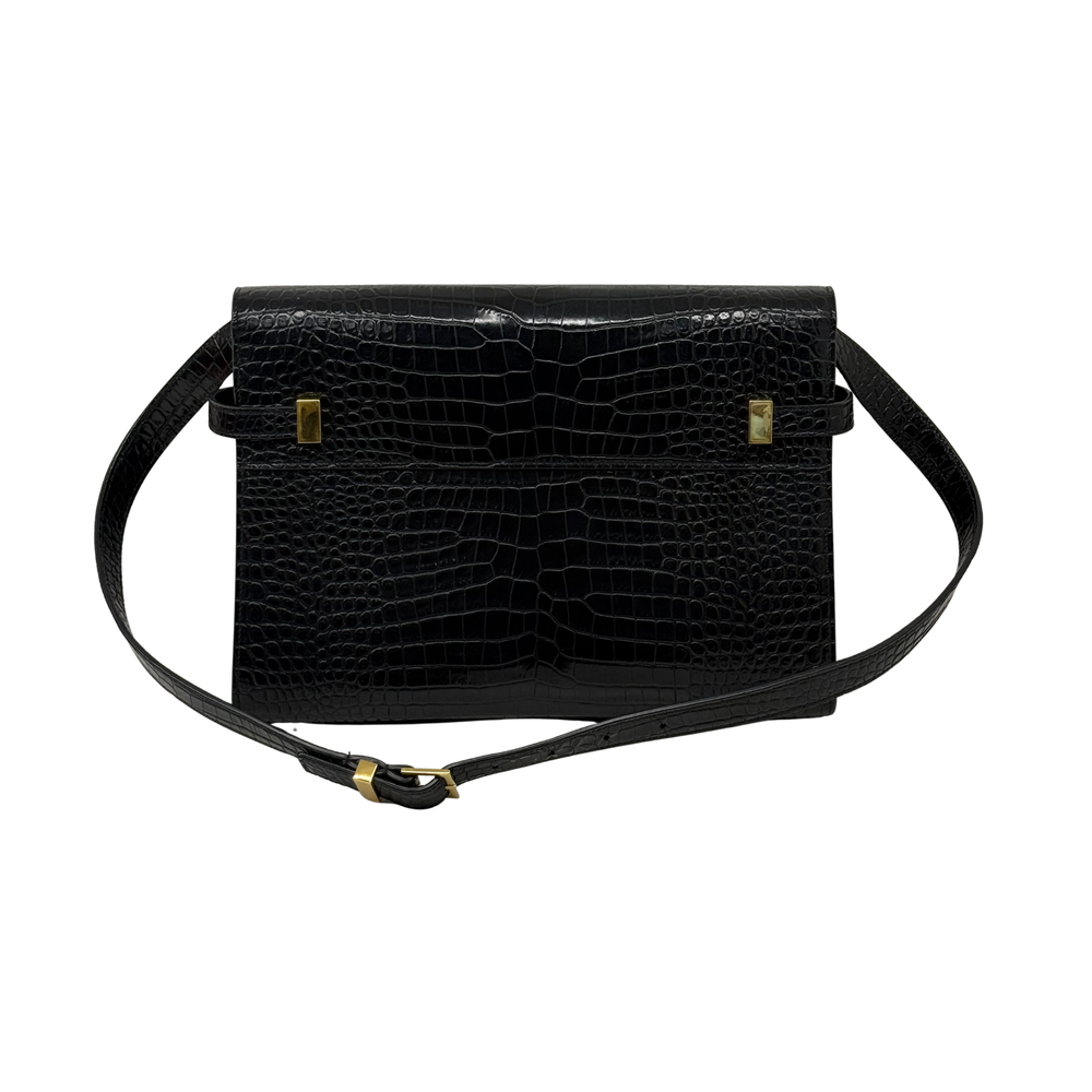 Black croc-embossed leather mini crossbody bag with adjustable strap