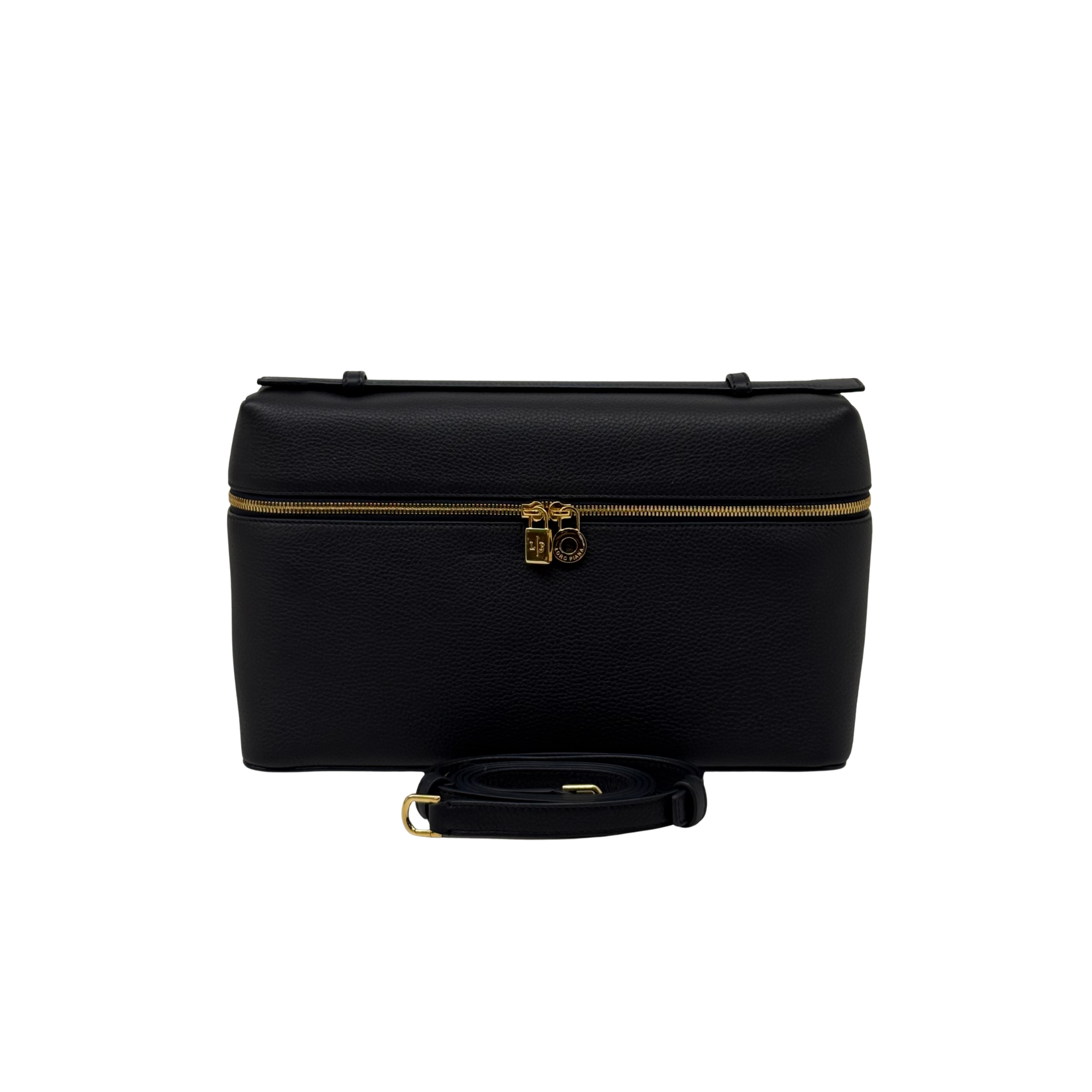 Black leather zip pouch with gold zipper and wrist strap