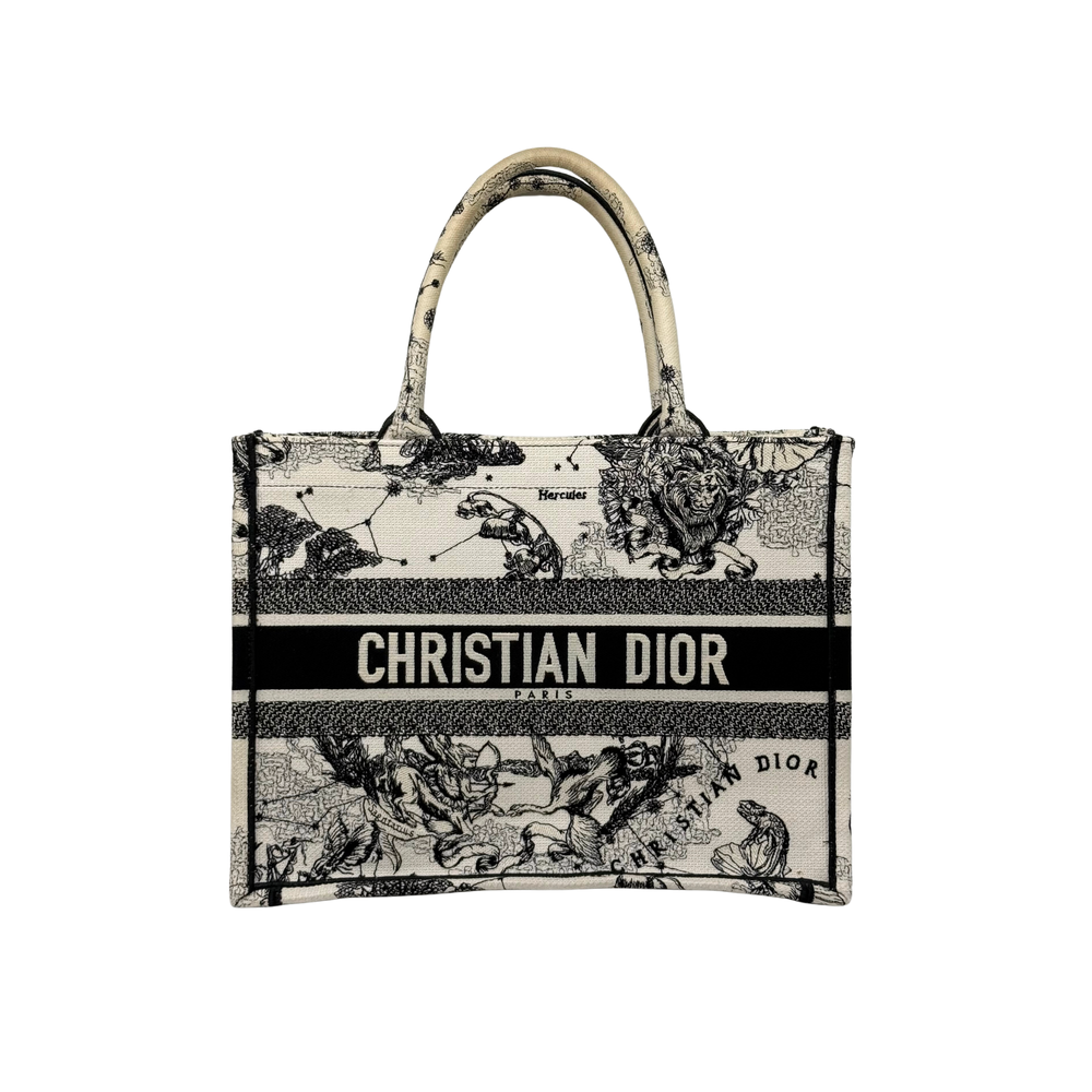 Dior canvas tote bag with top handles and lion-and-map print, CHRISTIAN DIOR band
