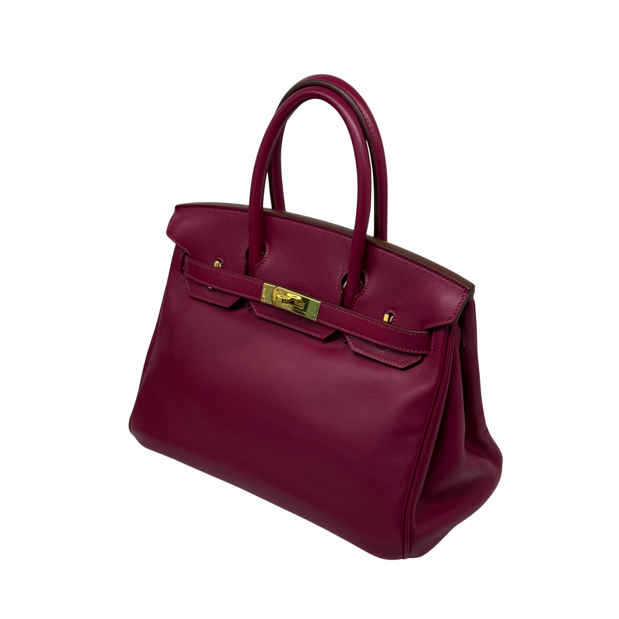 Hermès Birkin 30 magenta leather tote with top handles and gold-tone clasp