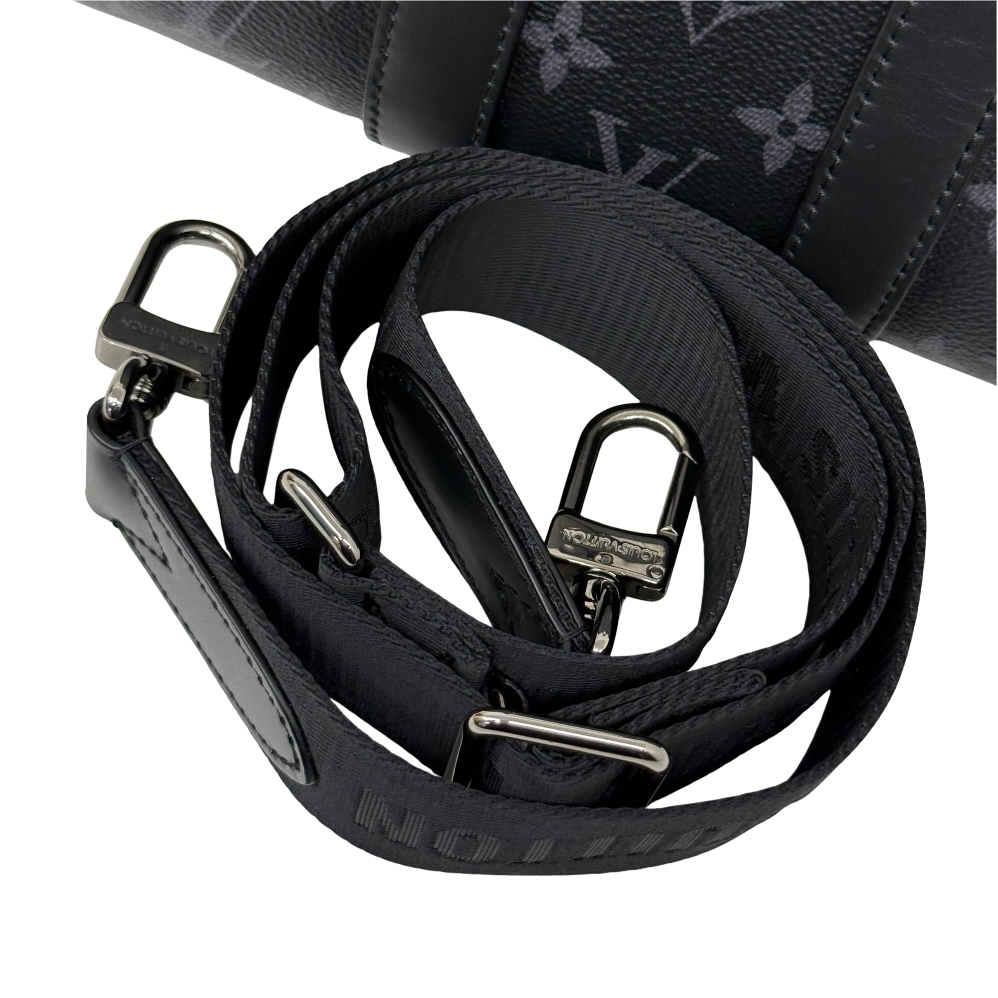 Black monogram bag strap with braided webbing and metal rings