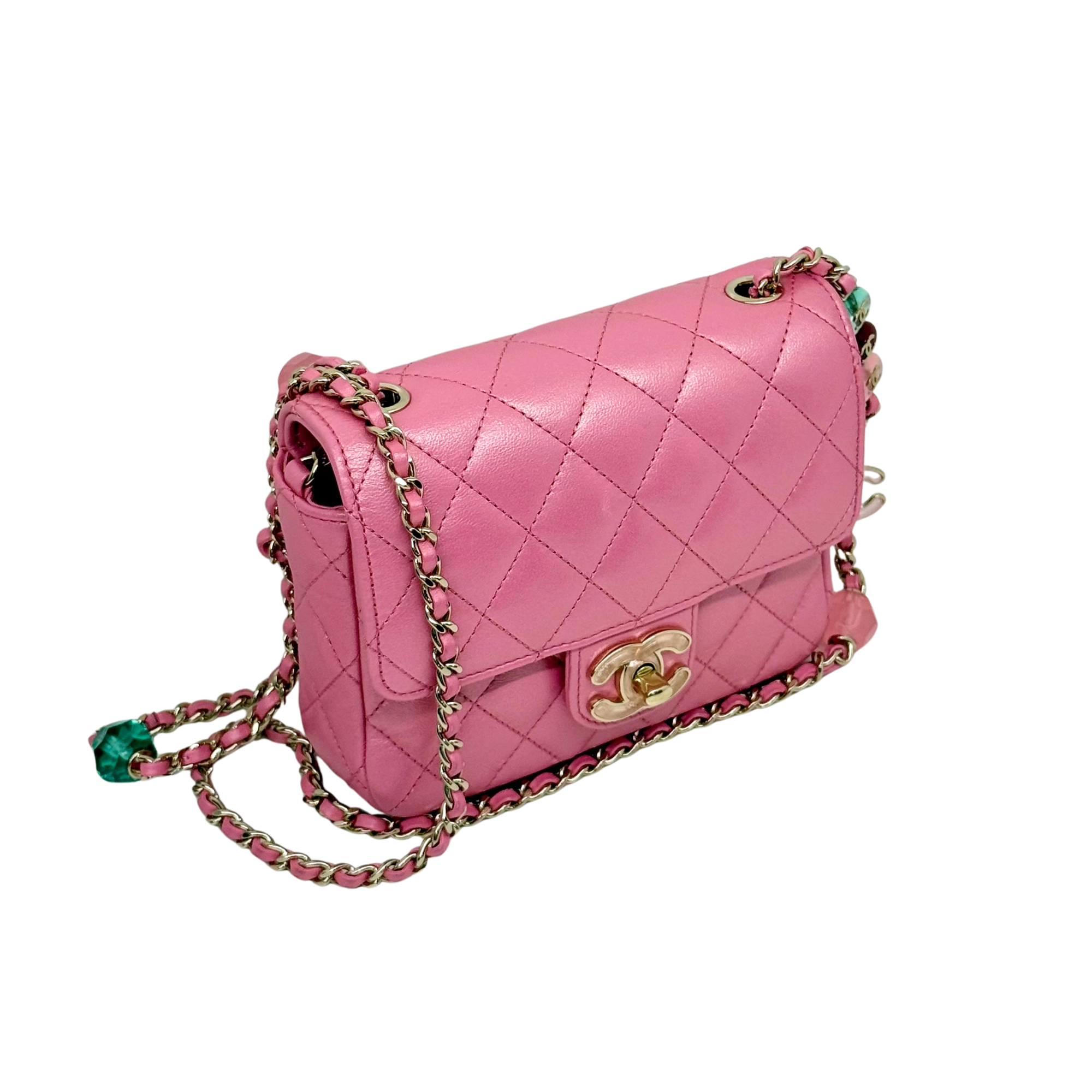 Chanel pink quilted shoulder bag with flap, gold CC logo, chain strap