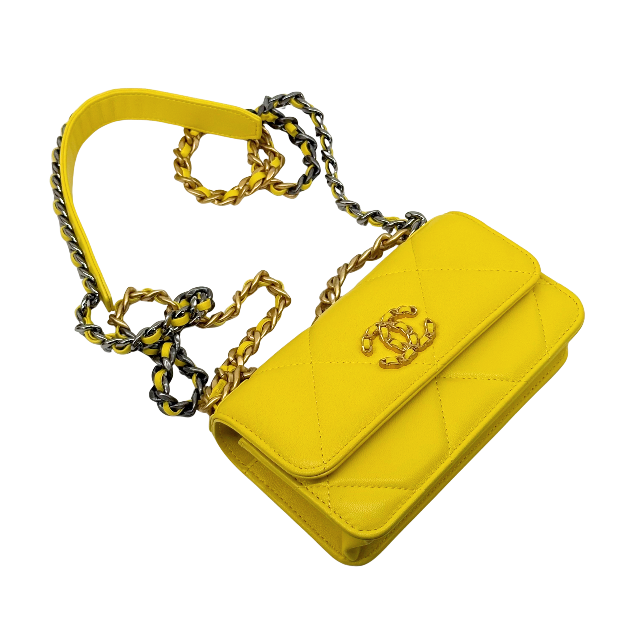 Yellow quilted mini crossbody bag with logo flap and dual-tone chain strap