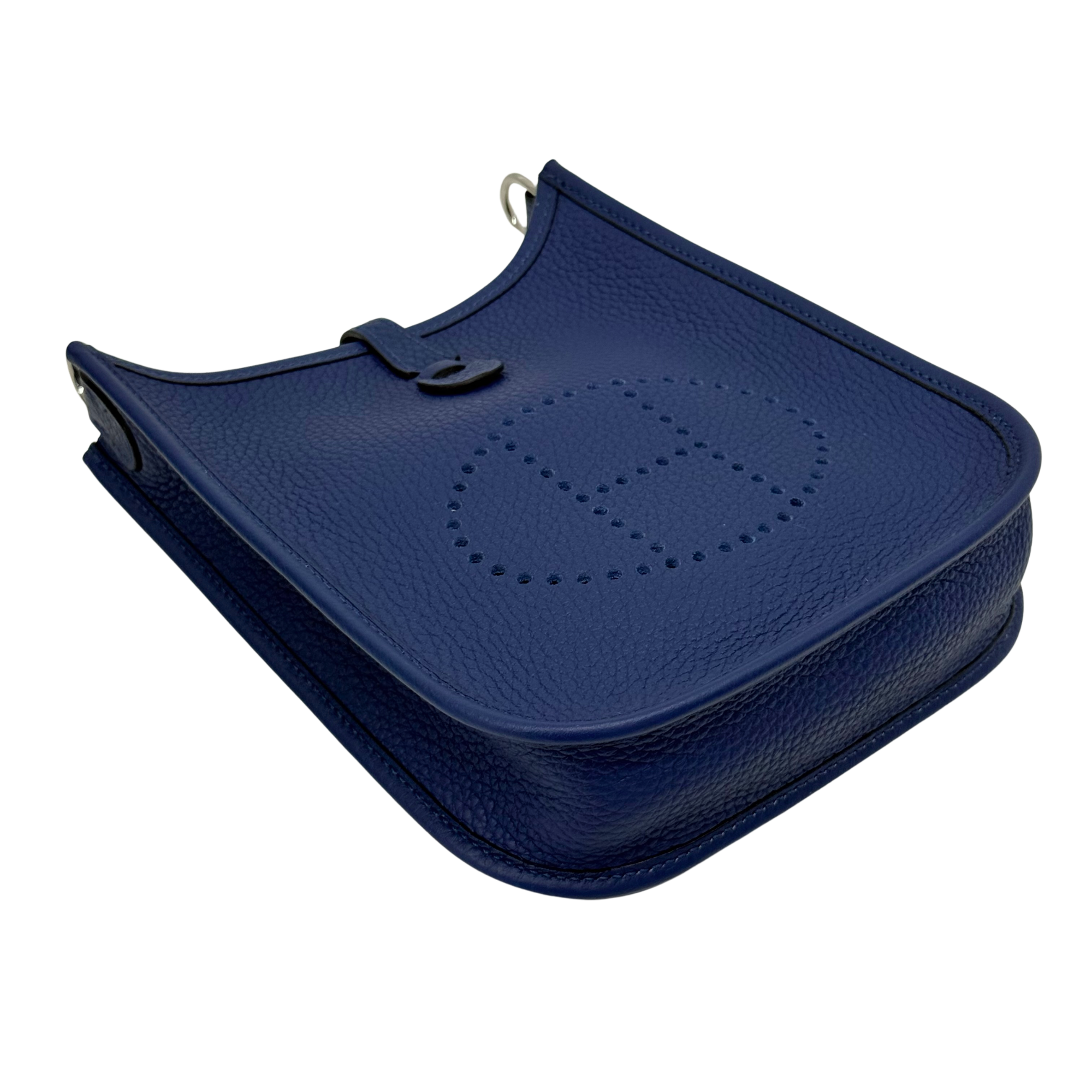 Navy blue leather crossbody bag with perforated Hermes logo and curved front