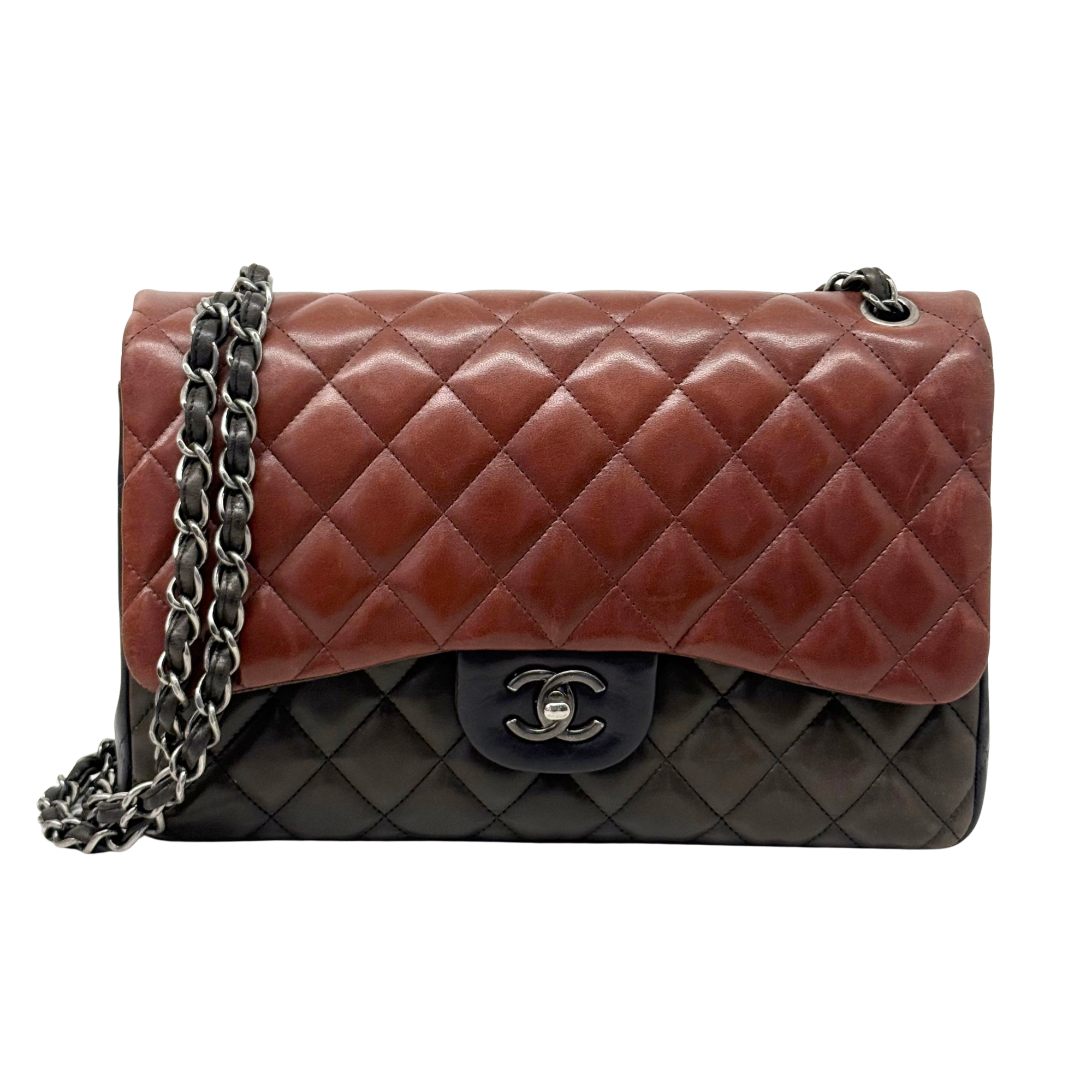 Chanel Paris-Edinburgh Classic Medium Burgundy Brown Black Lambskin Leather Double Flap Bag (pre-owned)