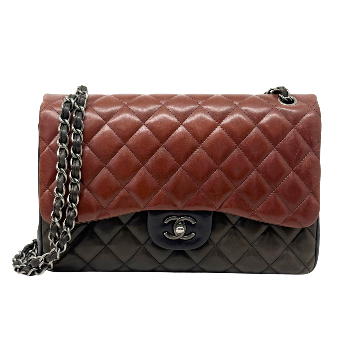 Chanel Paris-Edinburgh Classic Medium Burgundy Brown Black Lambskin Leather Double Flap Bag (pre-owned)