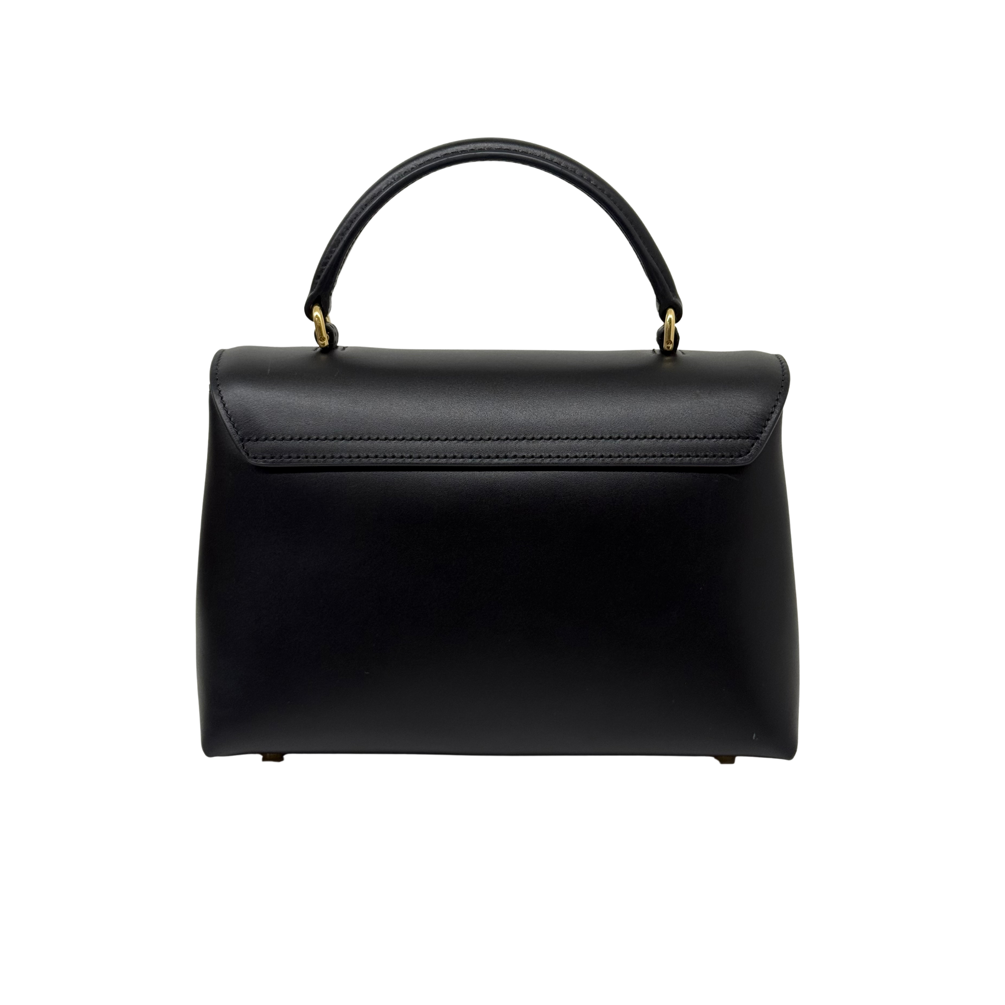 Black leather top-handle bag front view with stitched flap seam
