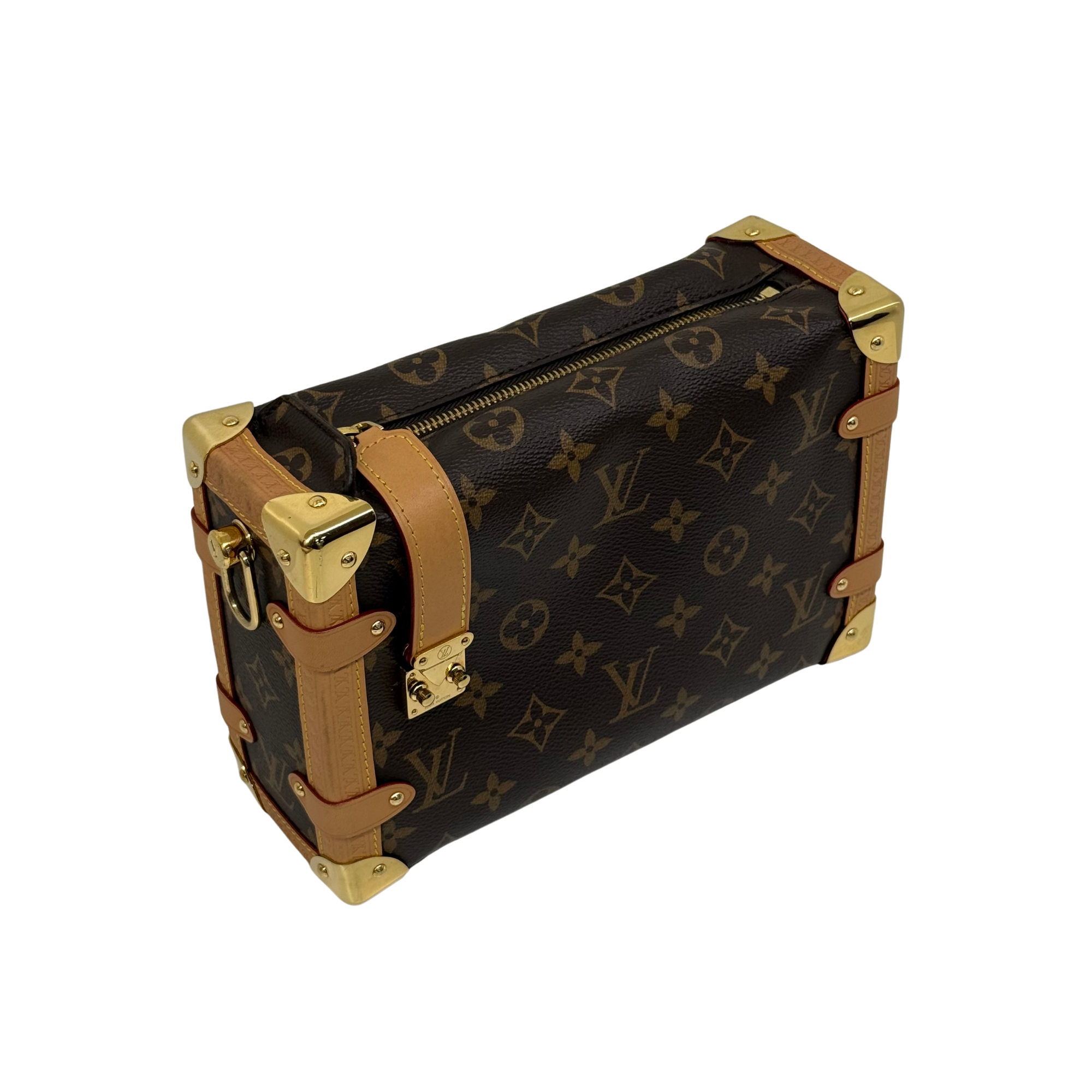 Pre-owned Louis Vuitton monogram canvas handbag with tan leather trim and gold buckles