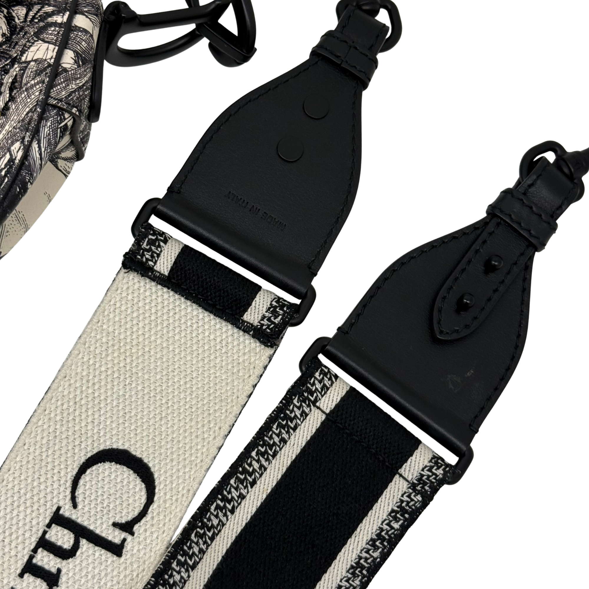 Christian Dior Calfskin Embroidered Palm Tree Toile De Jouy Saddle Bag White Black (pre-owned)