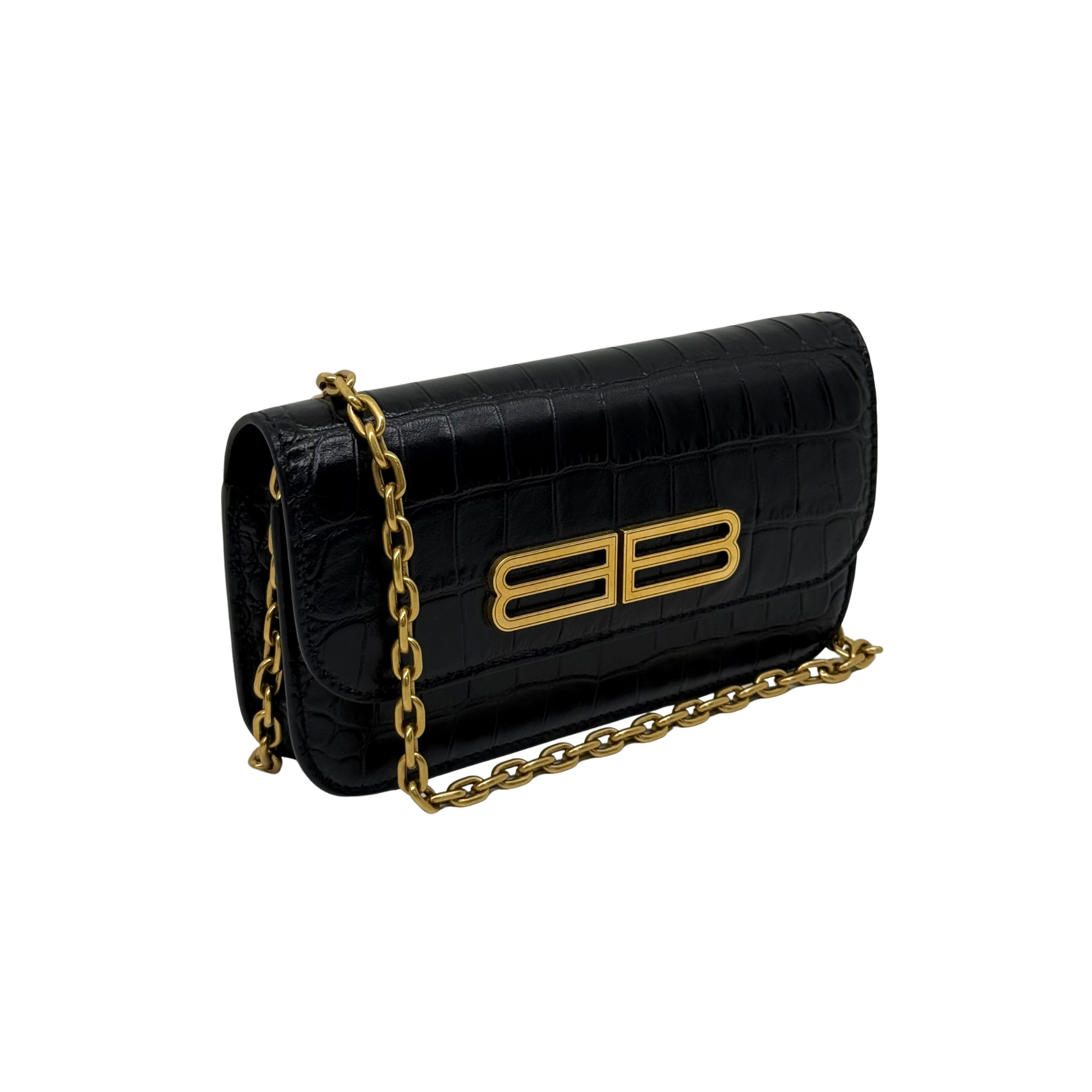Black croc-embossed leather shoulder bag with gold B logo, chain strap, flap closure.