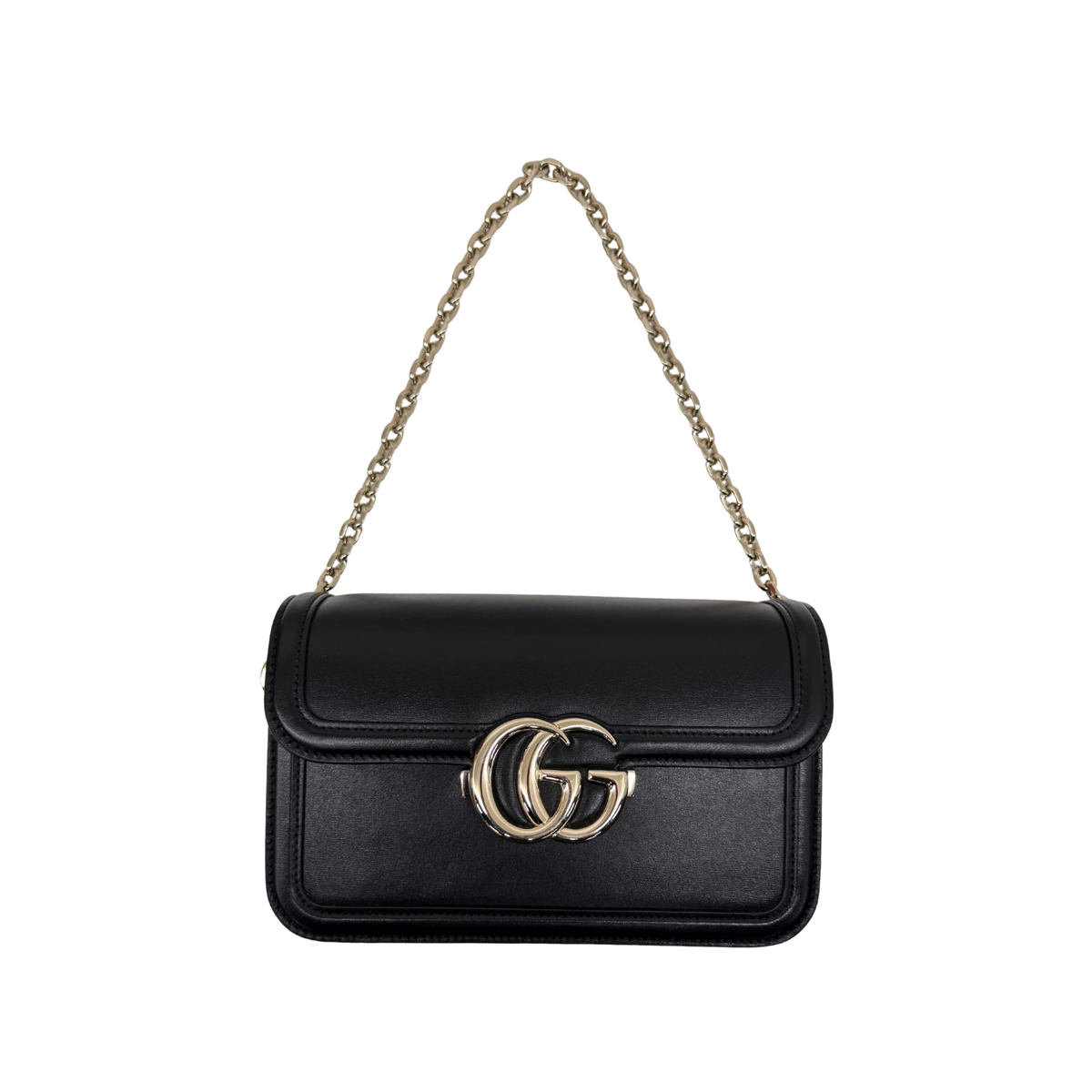 Black leather mini shoulder bag with GG clasp and gold-tone chain strap