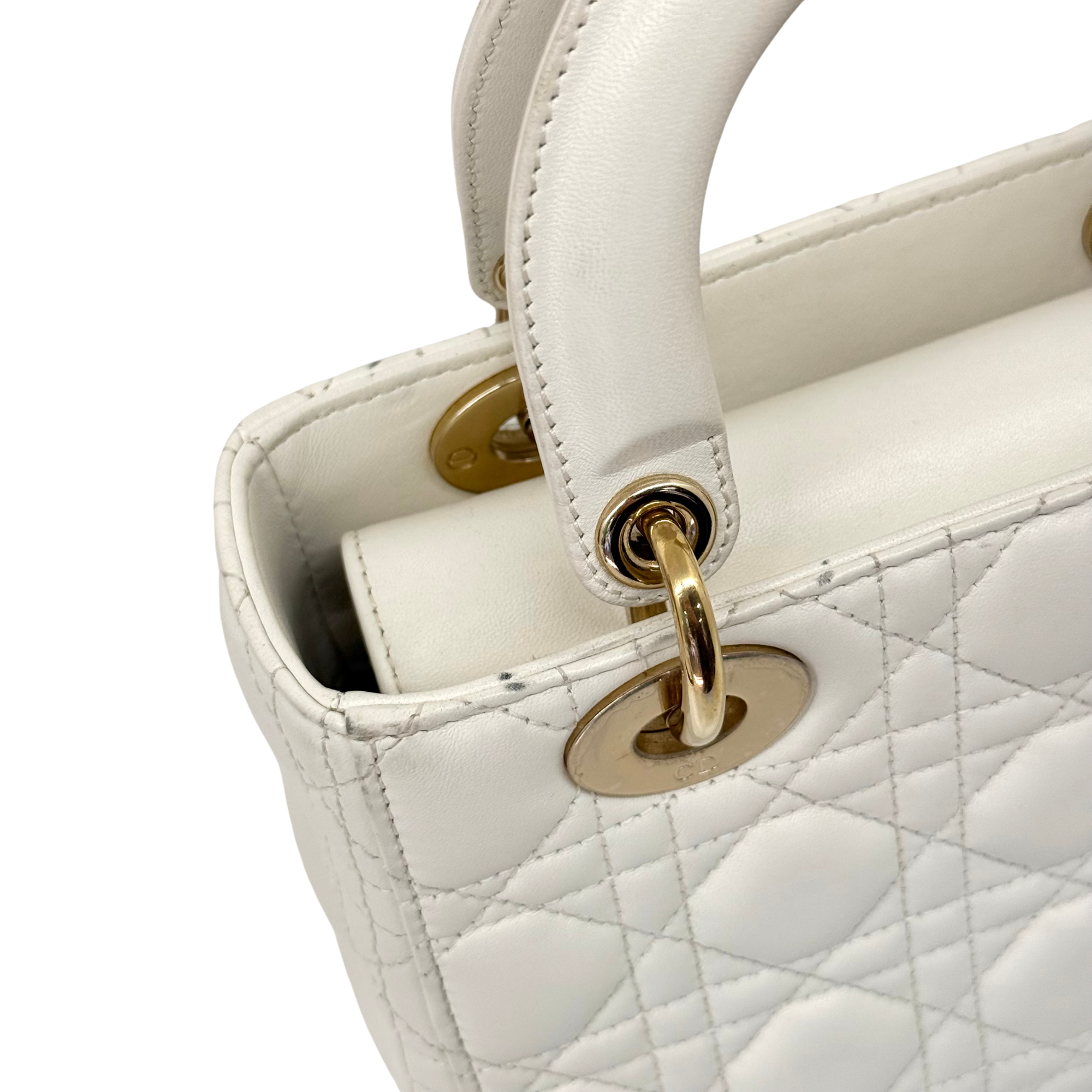 Dior Lady Dior Small White Cannage Lambskin Leather Top Handle Bag (pre-owned)