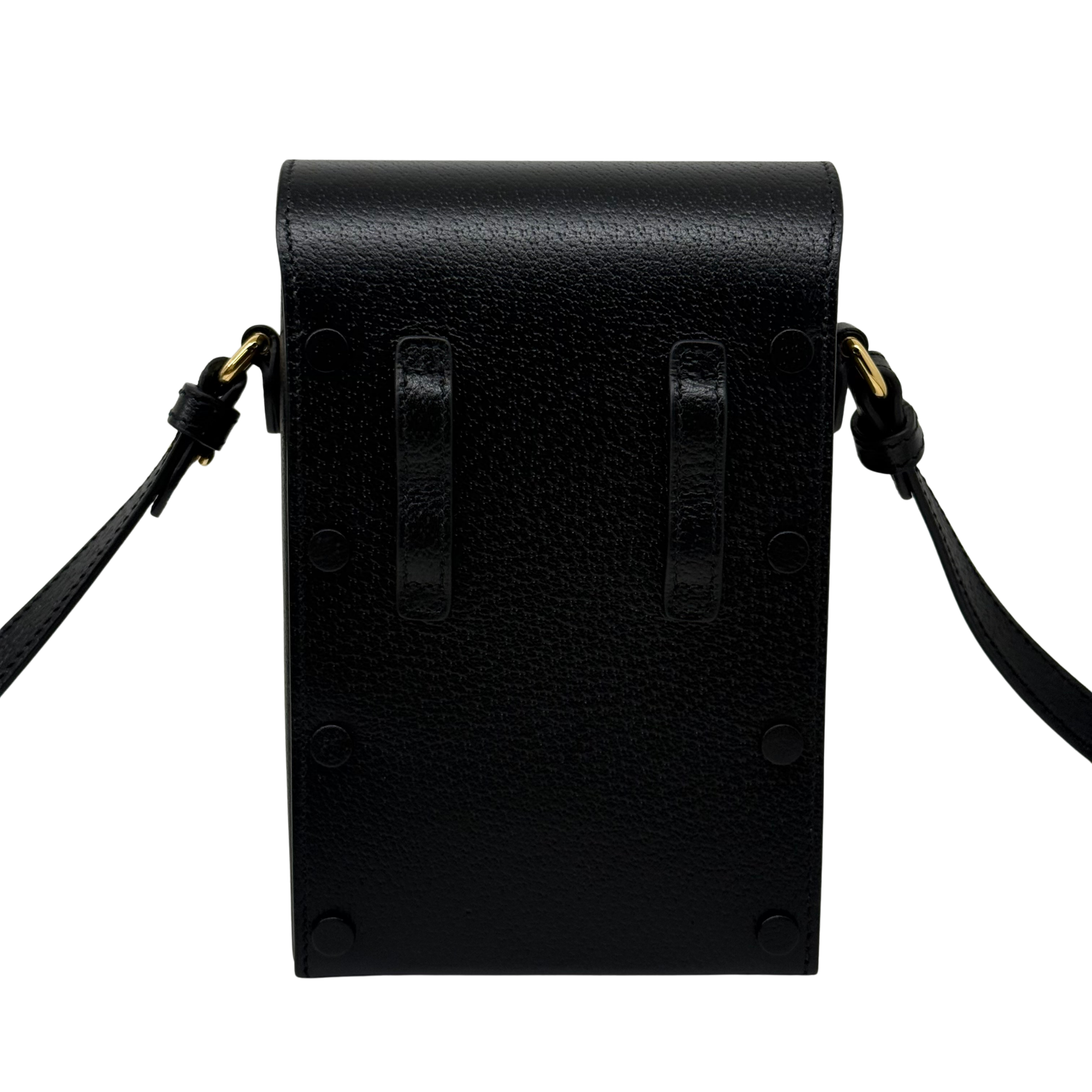 Gucci black leather mini crossbody bag back panel with embossed logo and straps
