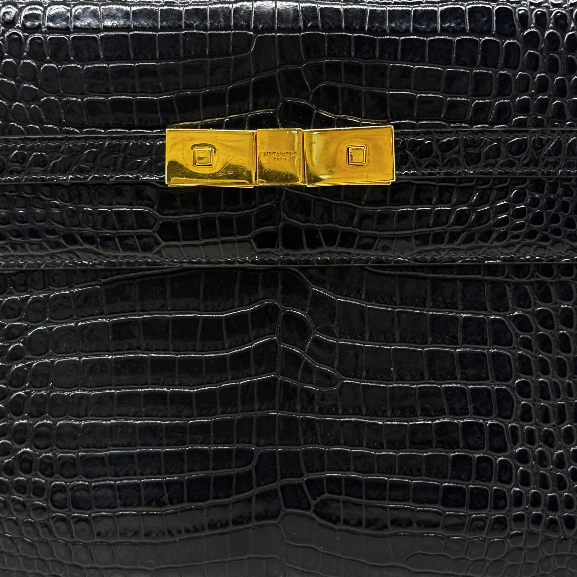 YSL pre-owned black croc-embossed leather flap clasp with gold-tone buckle