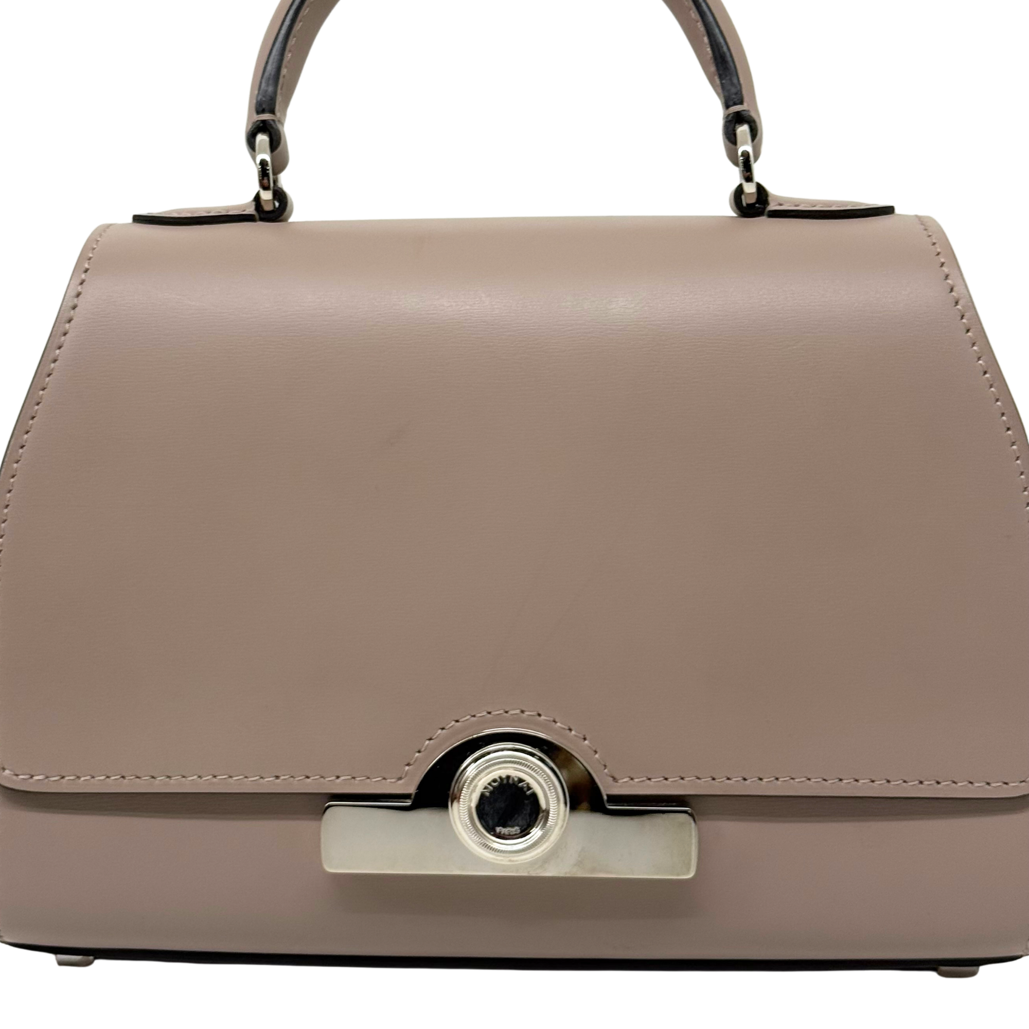 Taupe leather top-handle bag with front flap and circular silver turn-lock clasp