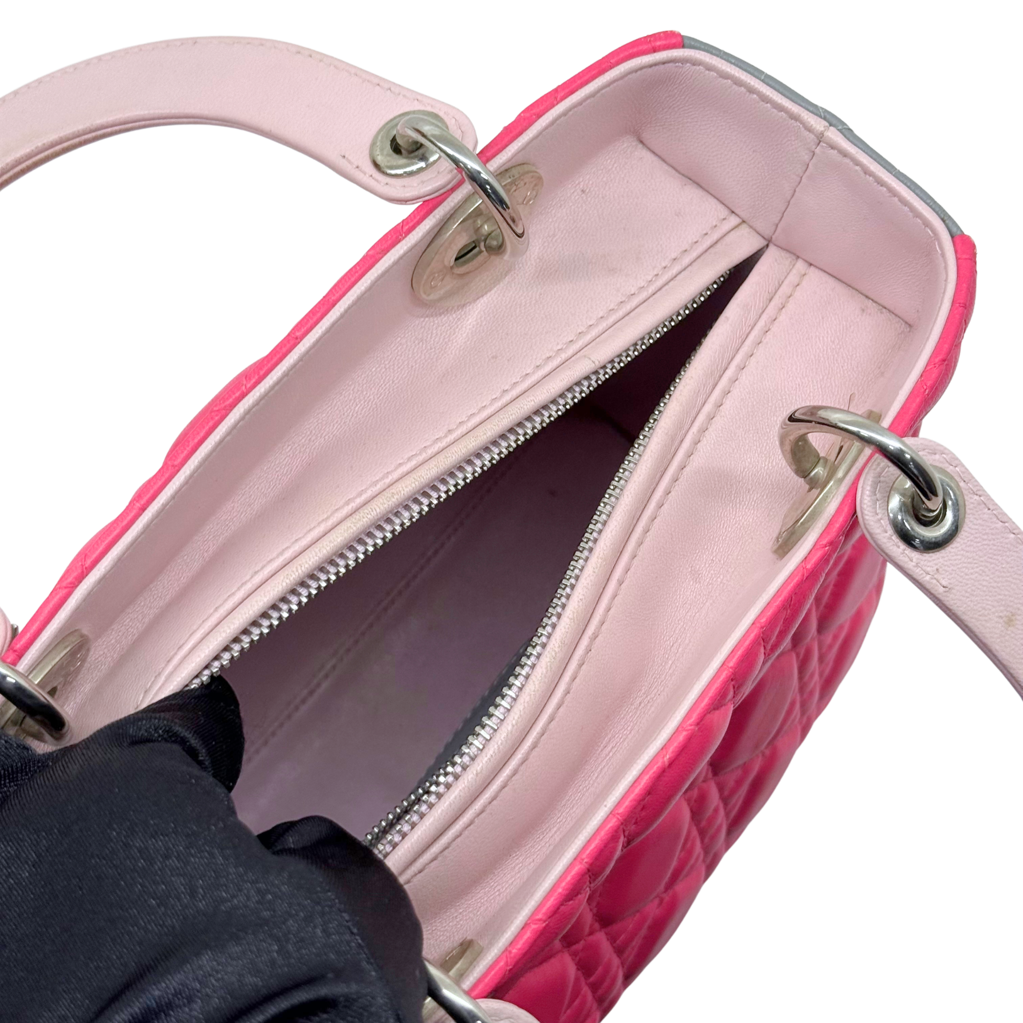 Pre-owned Dior quilted leather tote bag with pink lining and zip pocket, top handles