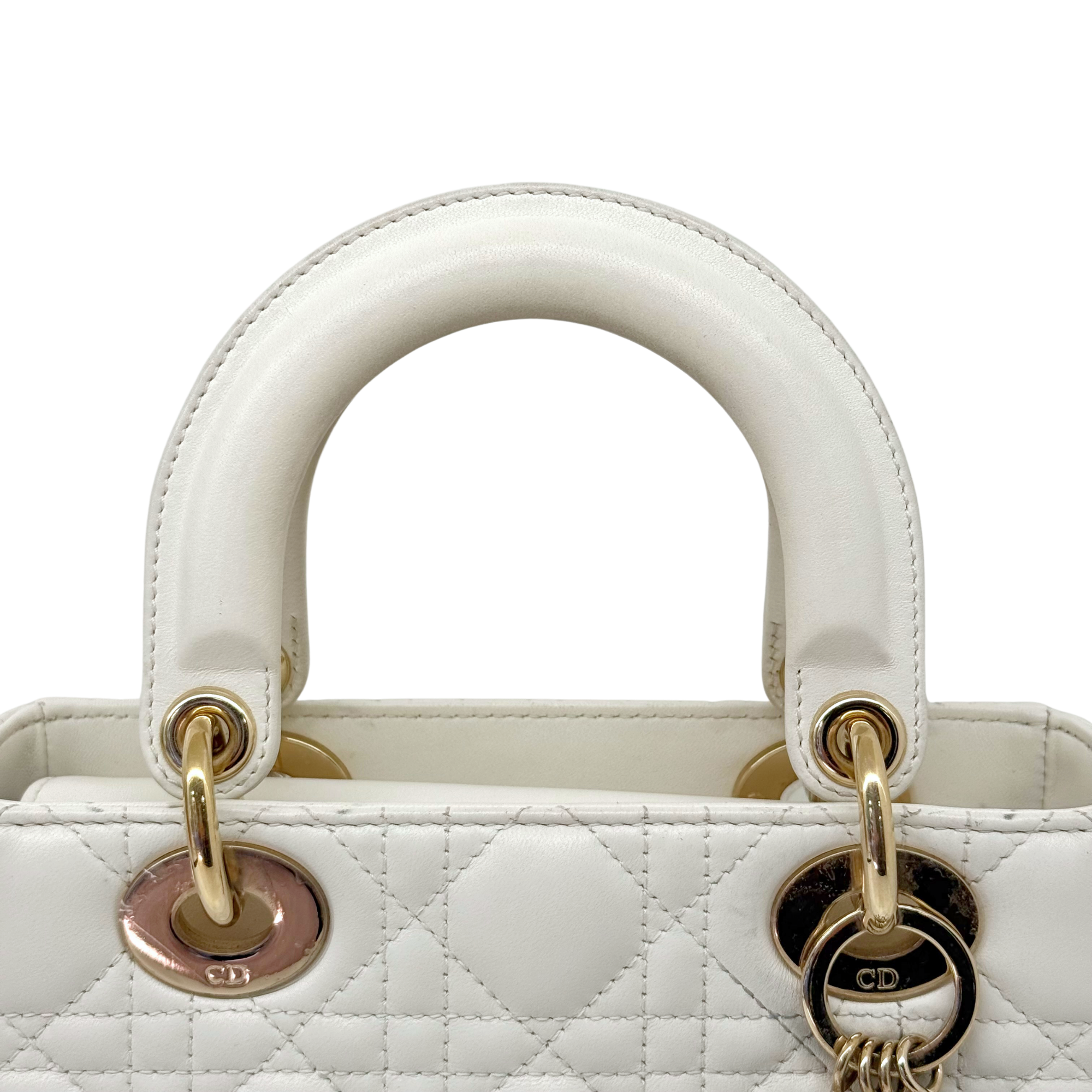 Dior Lady Dior Small White Cannage Lambskin Leather Top Handle Bag (pre-owned)