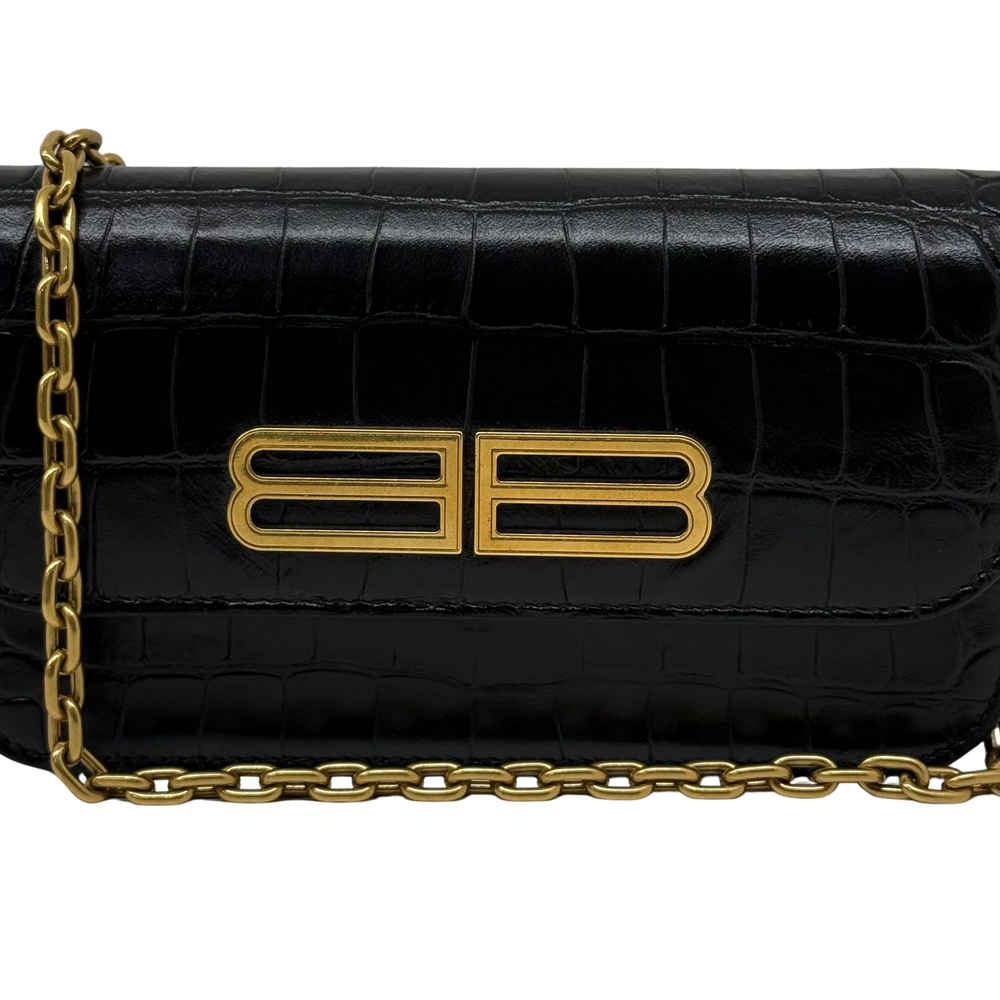 Black croc-embossed leather front flap with gold B logo and gold chain strap.