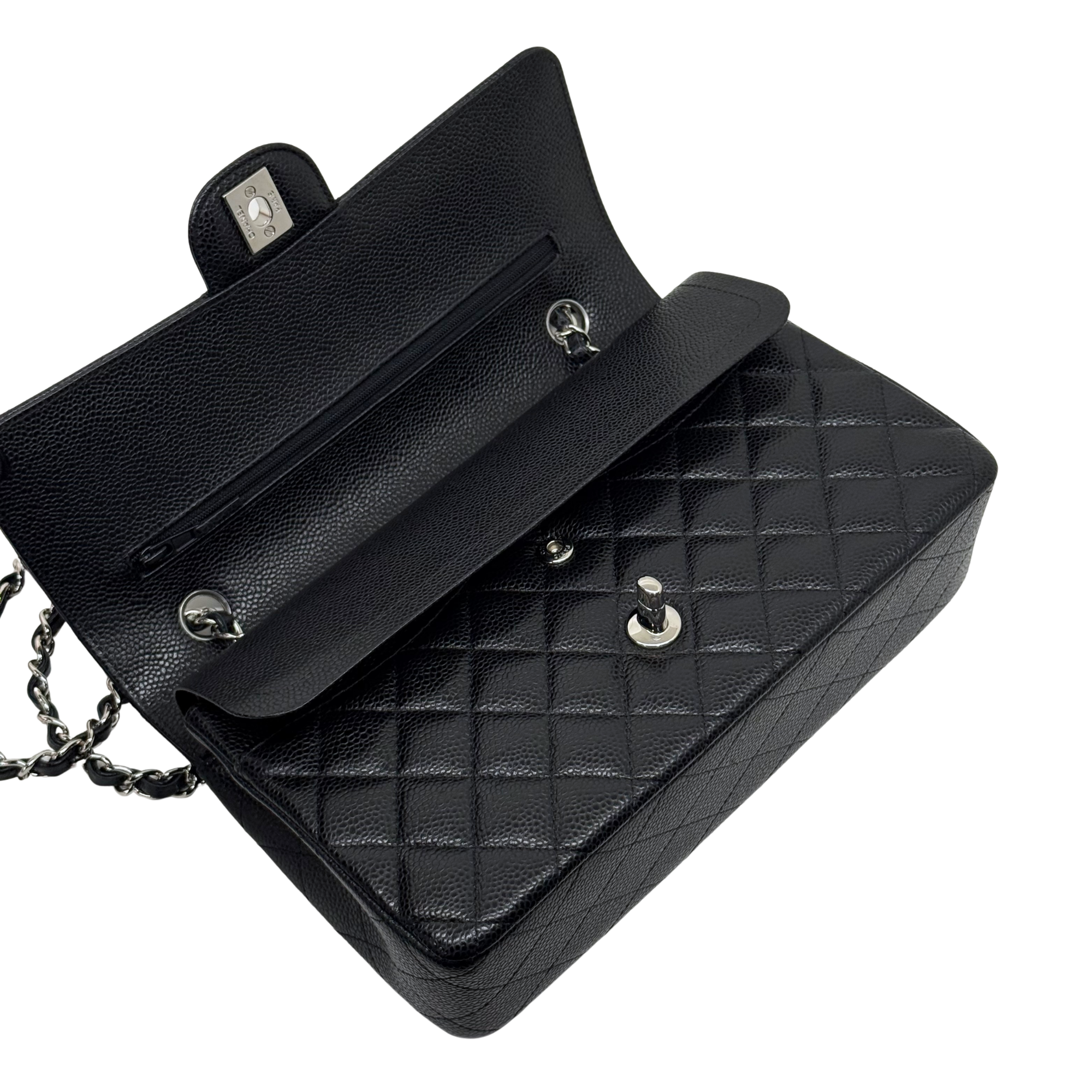 Black quilted bag with chain strap, front flap pocket, and turn-lock hardware