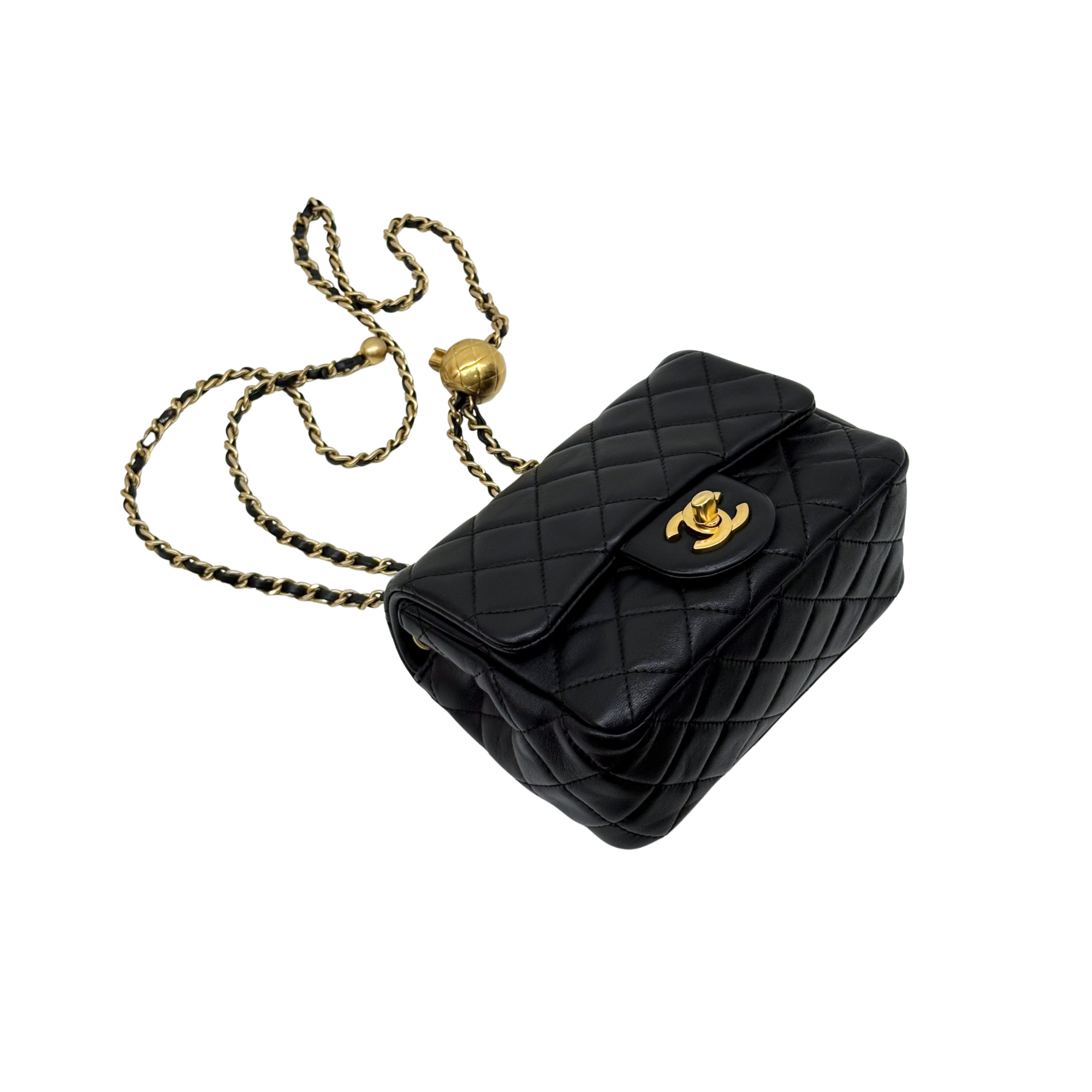 Black quilted leather shoulder bag with gold chain strap and CC logo turn-lock