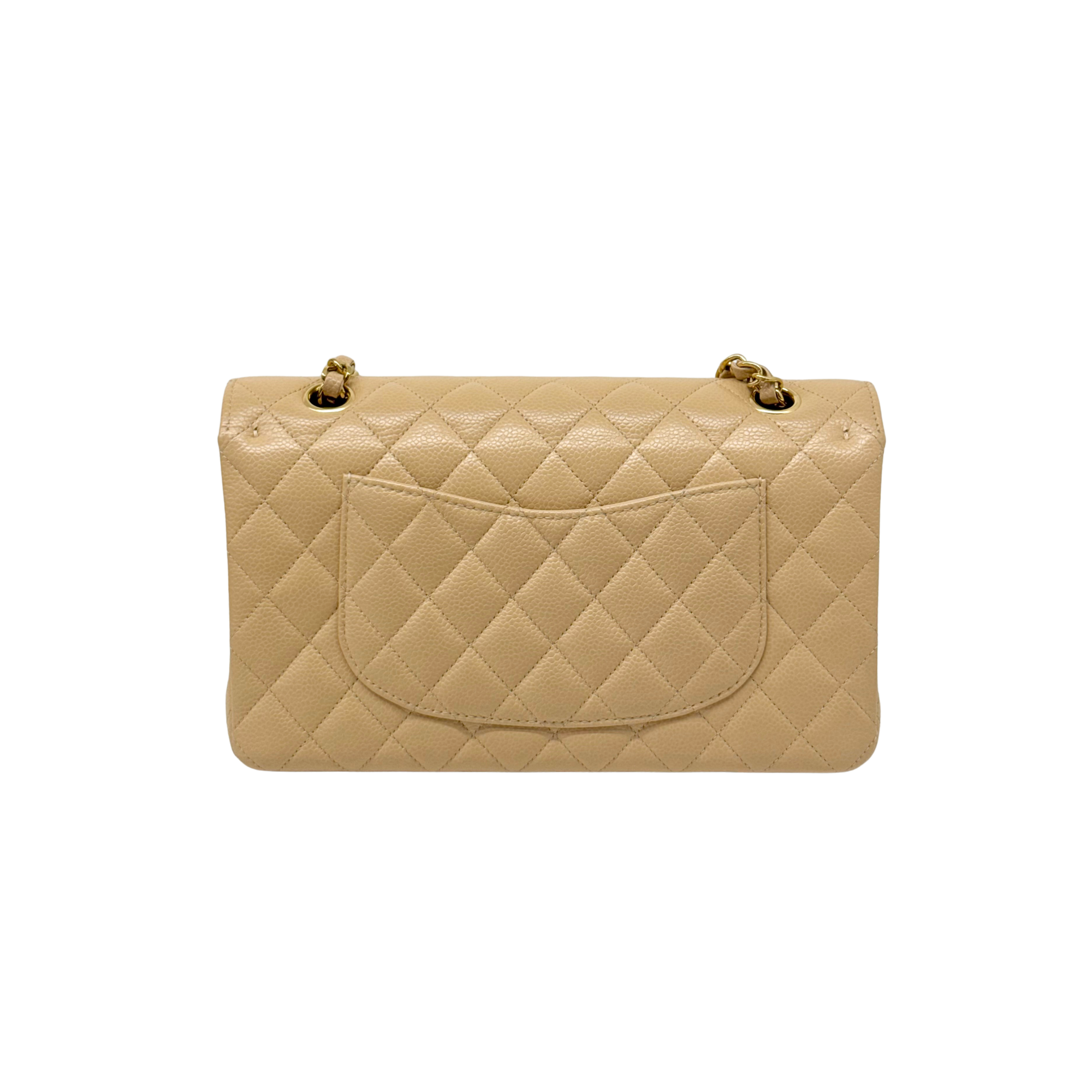 Chanel Beige Quilted Caviar Leather Medium Classic Double Flap Bag microchipped (pre-owned)