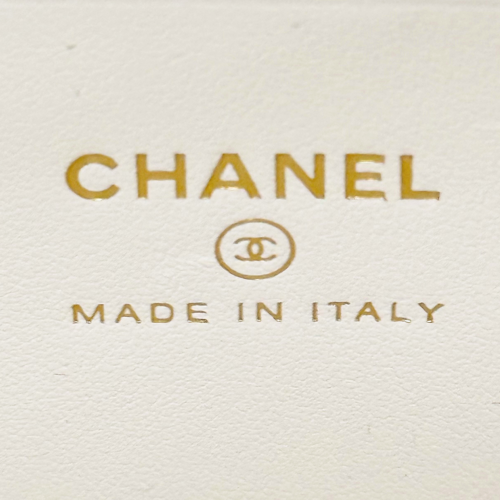 Chanel leather stamp patch with CHANEL and MADE IN ITALY text