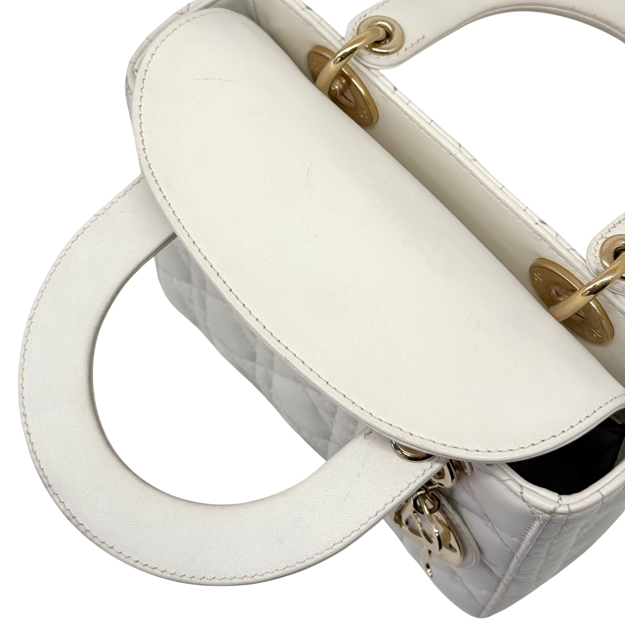 Dior Lady Dior Small White Cannage Lambskin Leather Top Handle Bag (pre-owned)