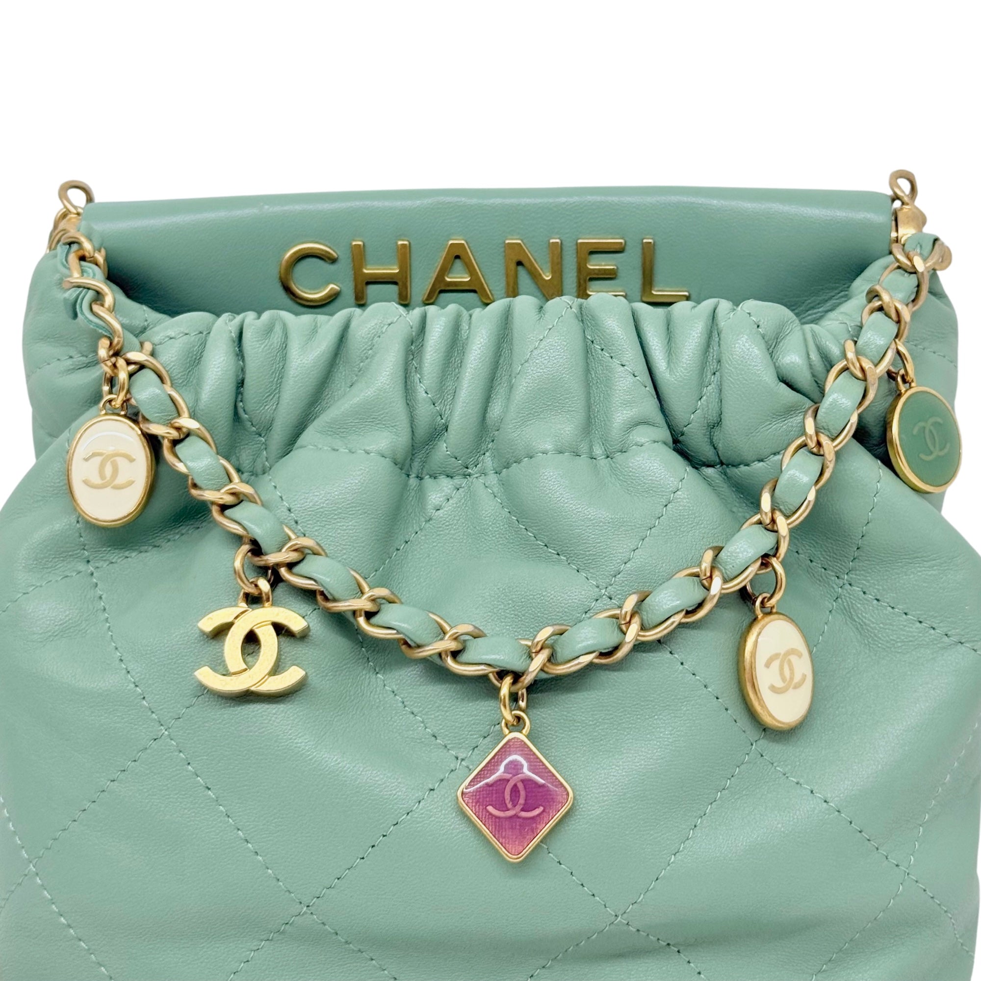 Chanel Lambskin Resin Quilted Small Bucket Bag Green (pre-owned)