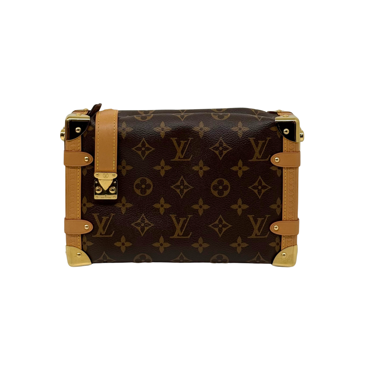 Pre-owned Louis Vuitton monogram canvas shoulder bag with tan leather straps and gold buckles