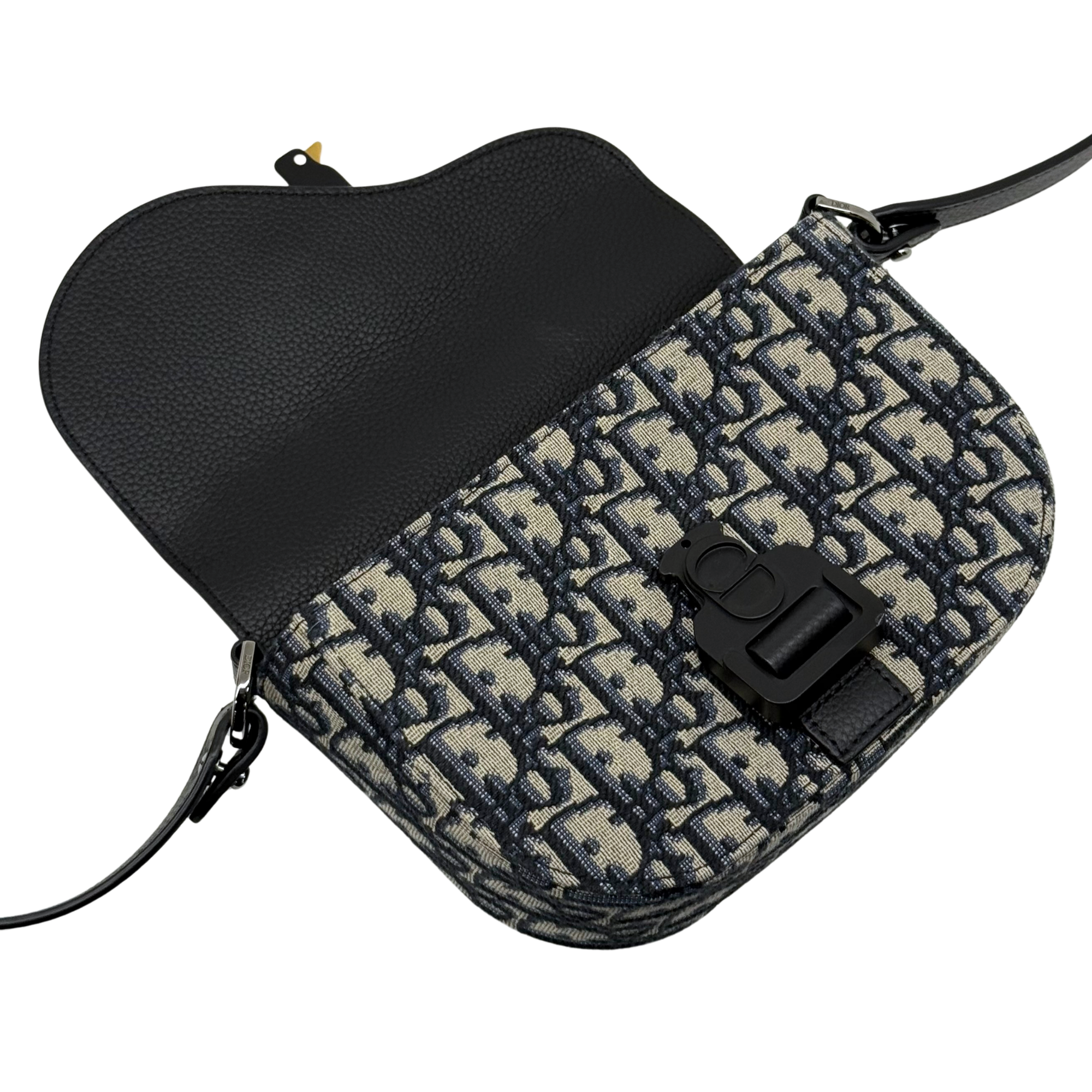 Dior Small Saddle Messenger Bag with Flap Beige and Black Dior Oblique Jacquard with Black Grained Calfskin (pre-owned)