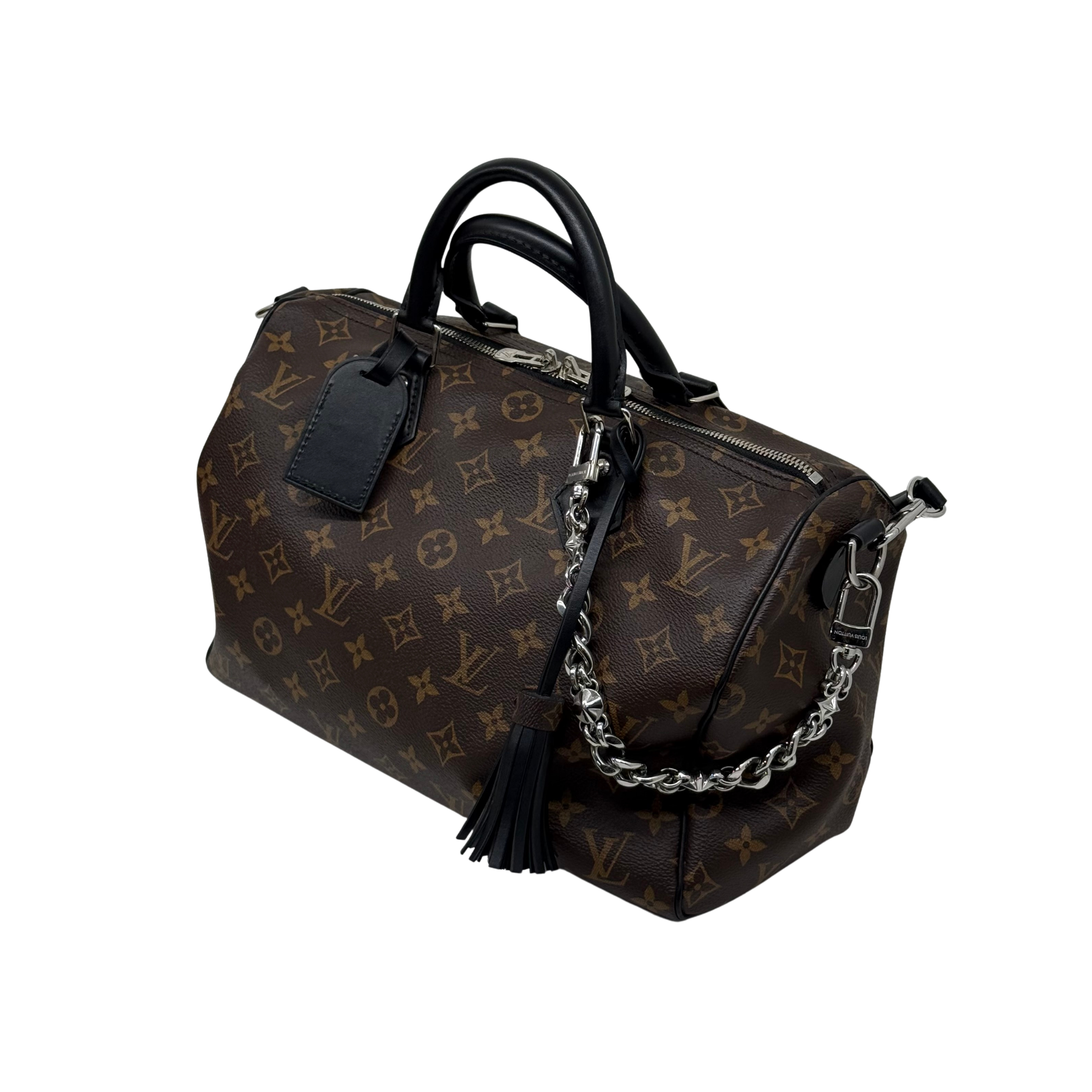 Pre-owned Louis Vuitton monogram duffel-style handbag with chain strap and tassel
