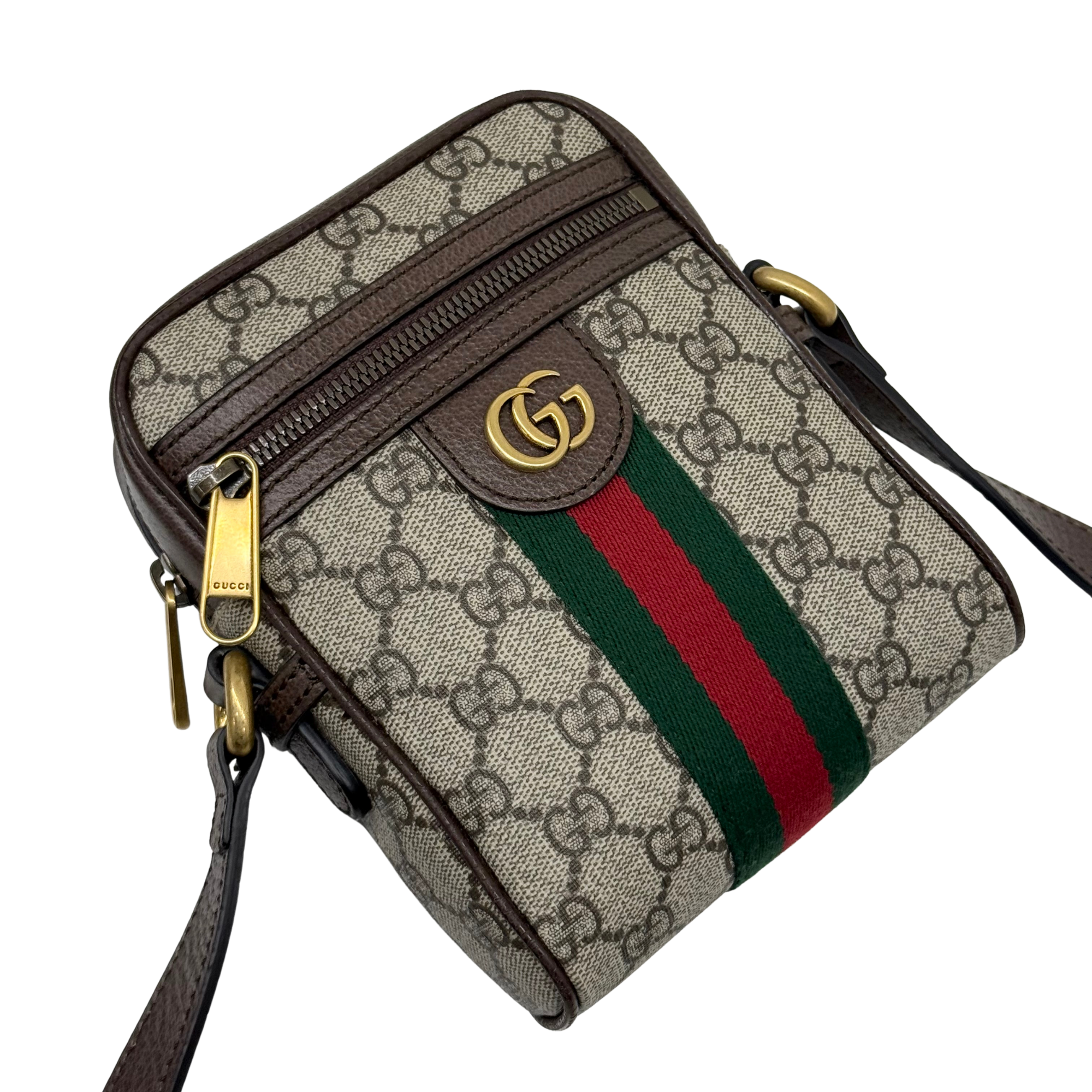 Gucci GG canvas crossbody bag with green and red web stripe, flap front, gold-tone clasp
