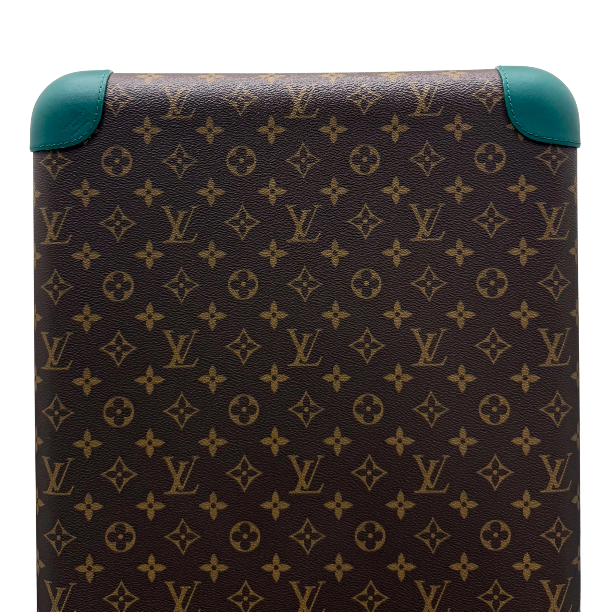 Pre-owned Louis Vuitton trunk suitcase panel with brown monogram canvas and teal leather corner tabs