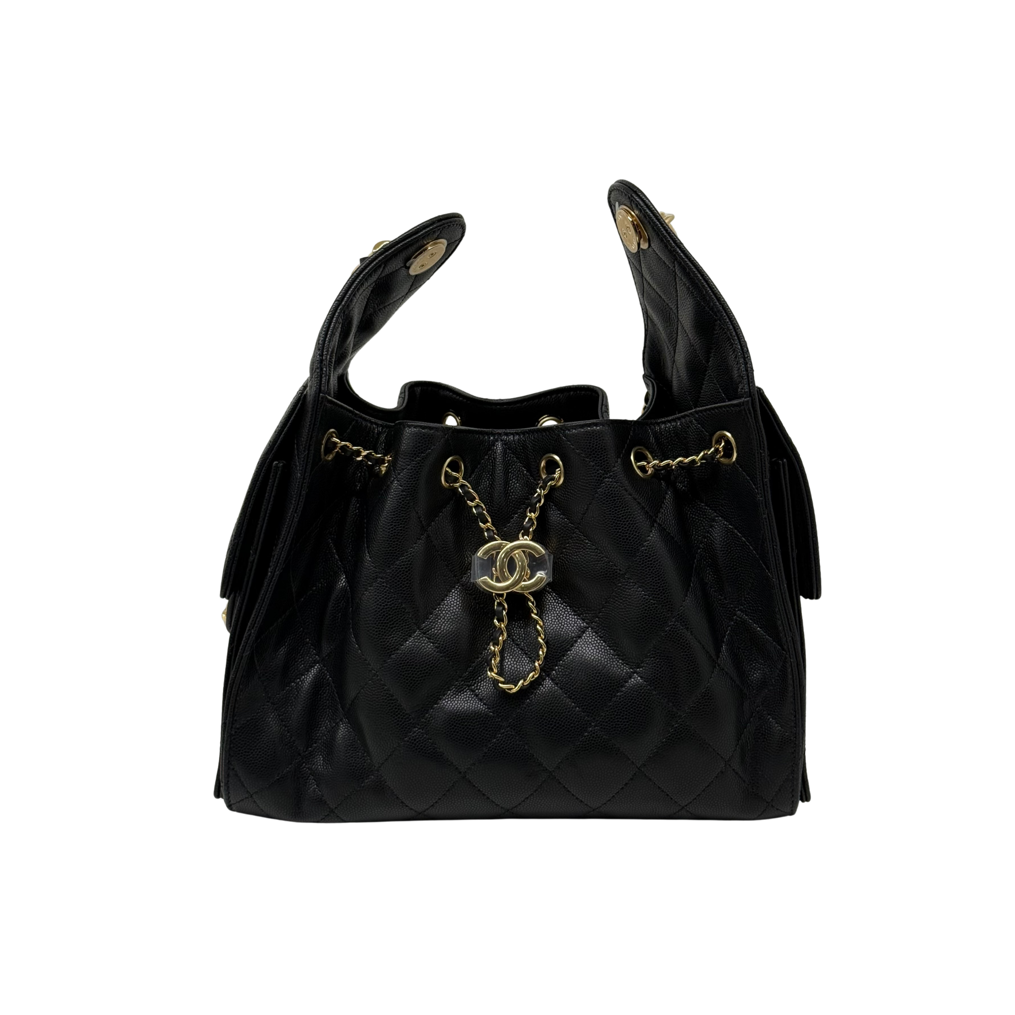 Black quilted handbag with top handles, gold chain, and dangling charm