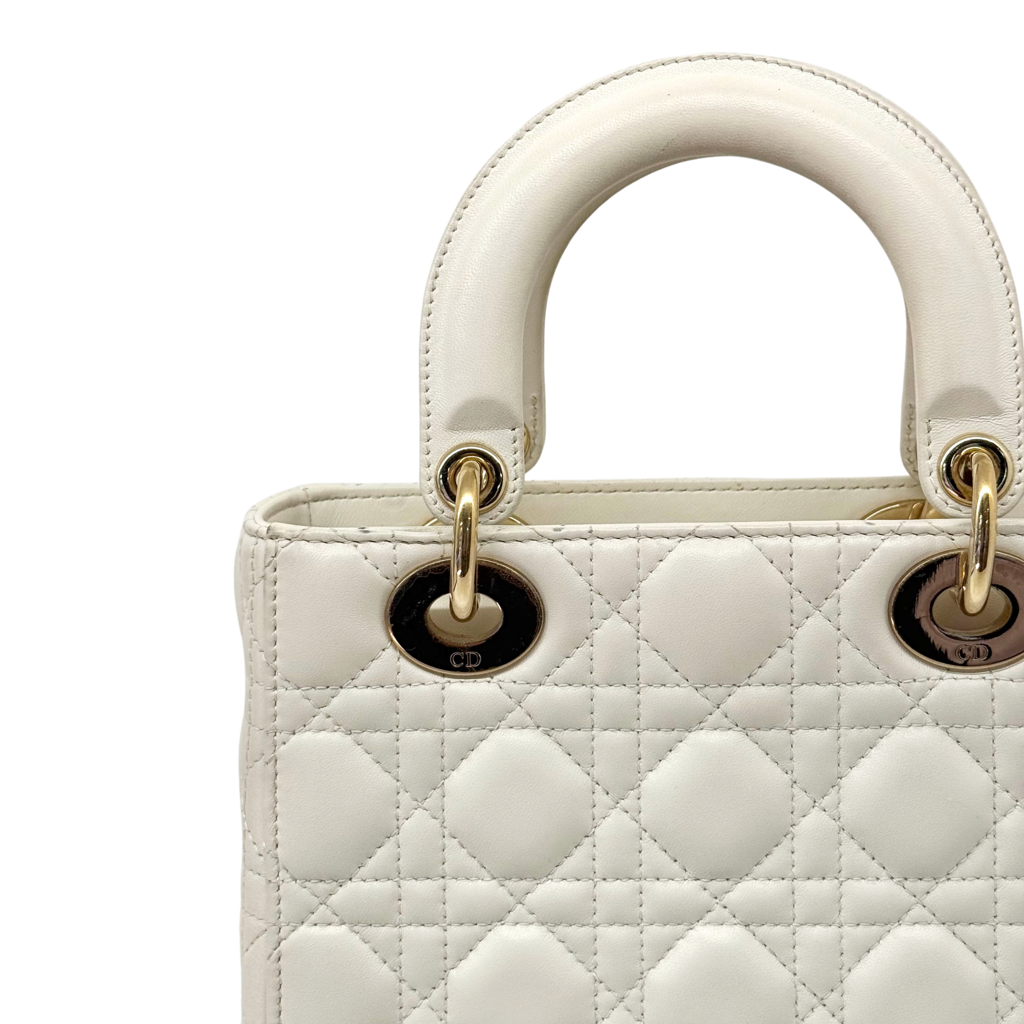 Dior Lady Dior Small White Cannage Lambskin Leather Top Handle Bag (pre-owned)