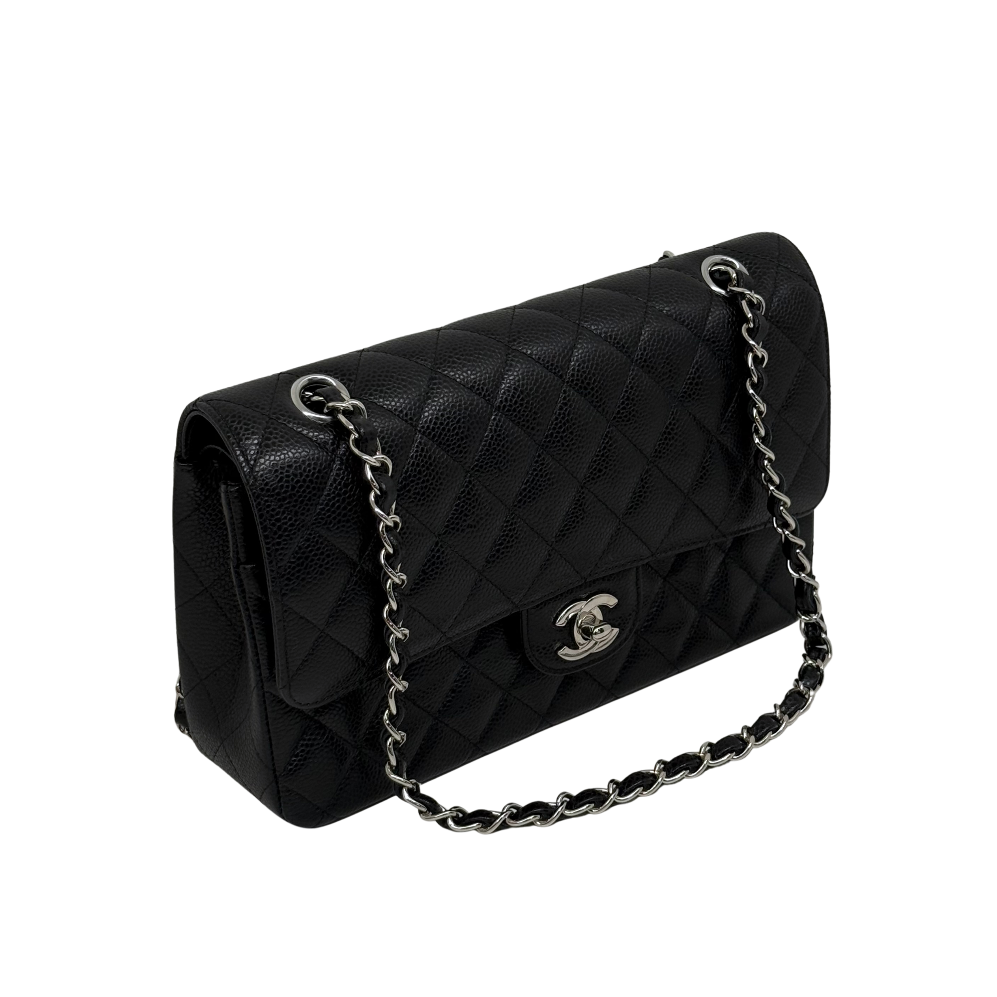 Quilted Chanel shoulder bag with flap, dark leather and silver-tone chain crossbody strap