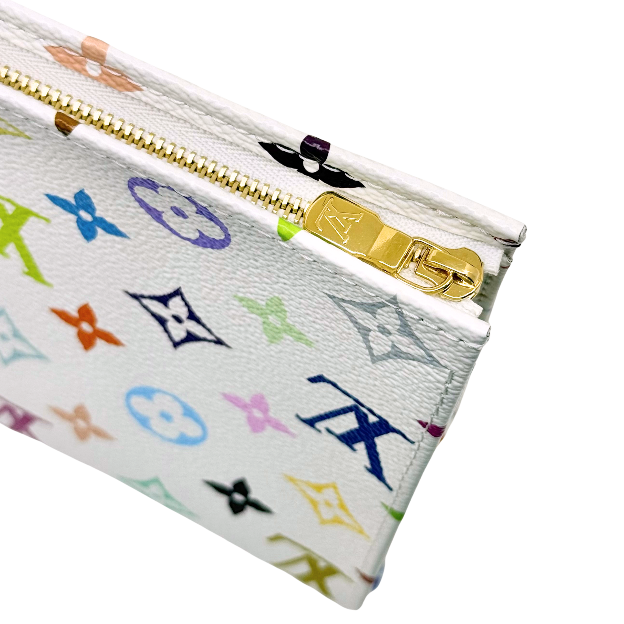 Louis Vuitton pouch with gold zipper and multicolor monogram print, corner detail