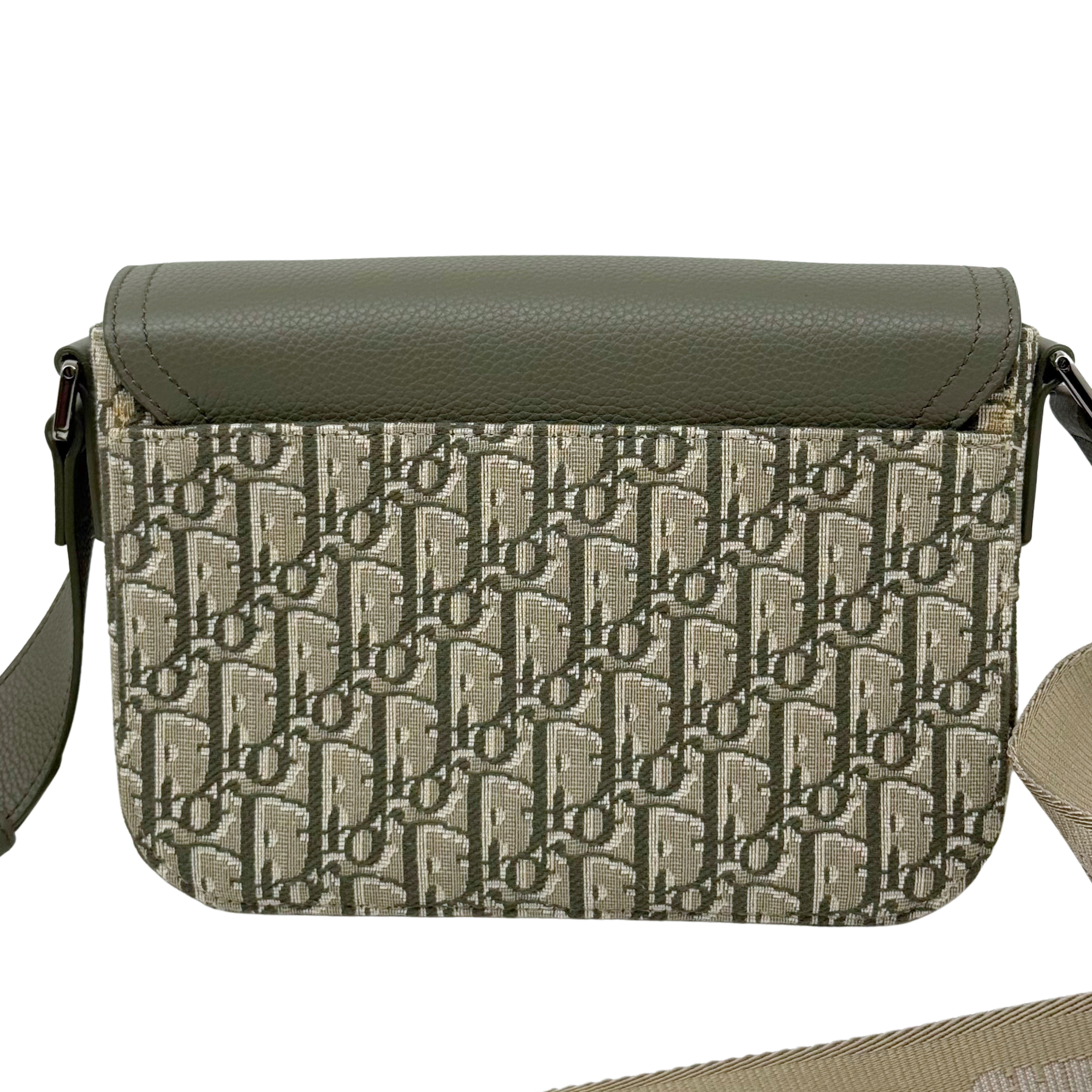 Dior crossbody bag with olive top flap and beige monogram canvas front