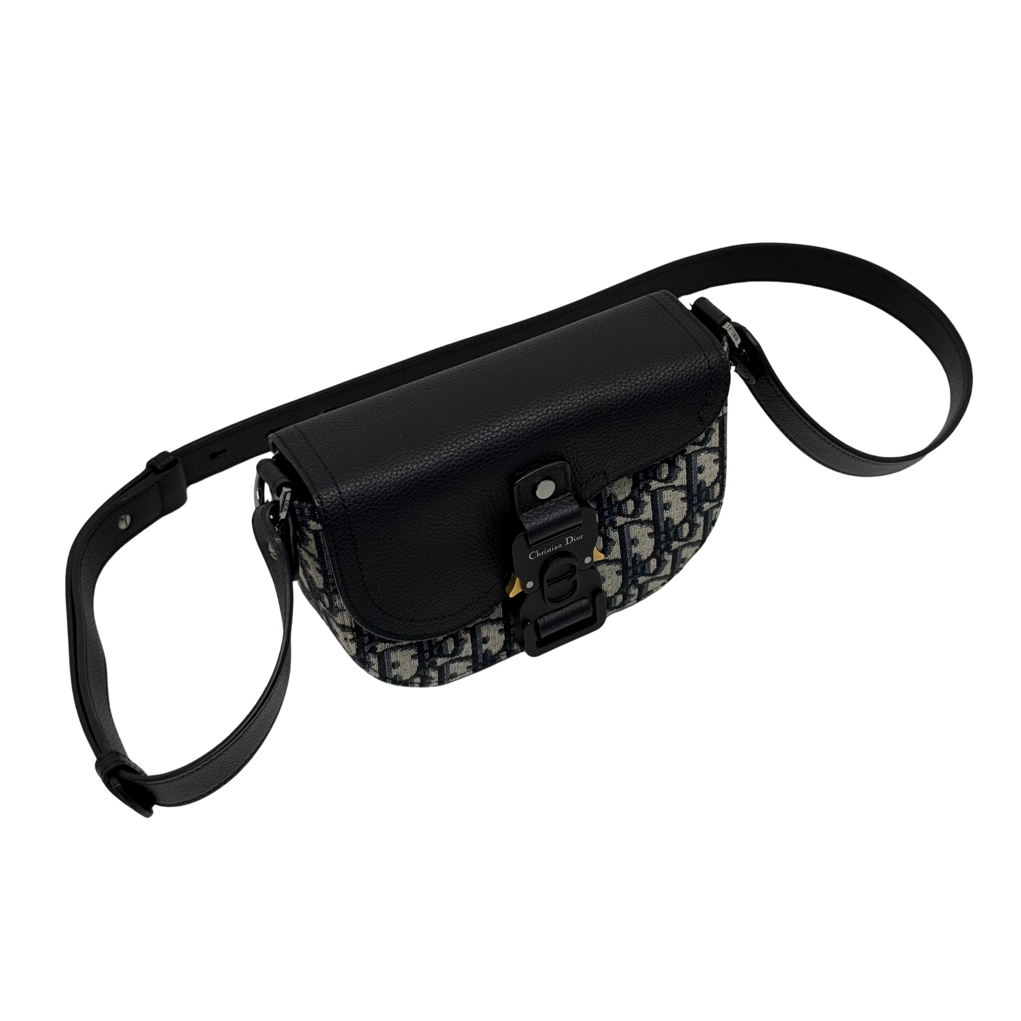 Dior Small Saddle Messenger Bag with Flap Beige and Black Dior Oblique Jacquard with Black Grained Calfskin (pre-owned)
