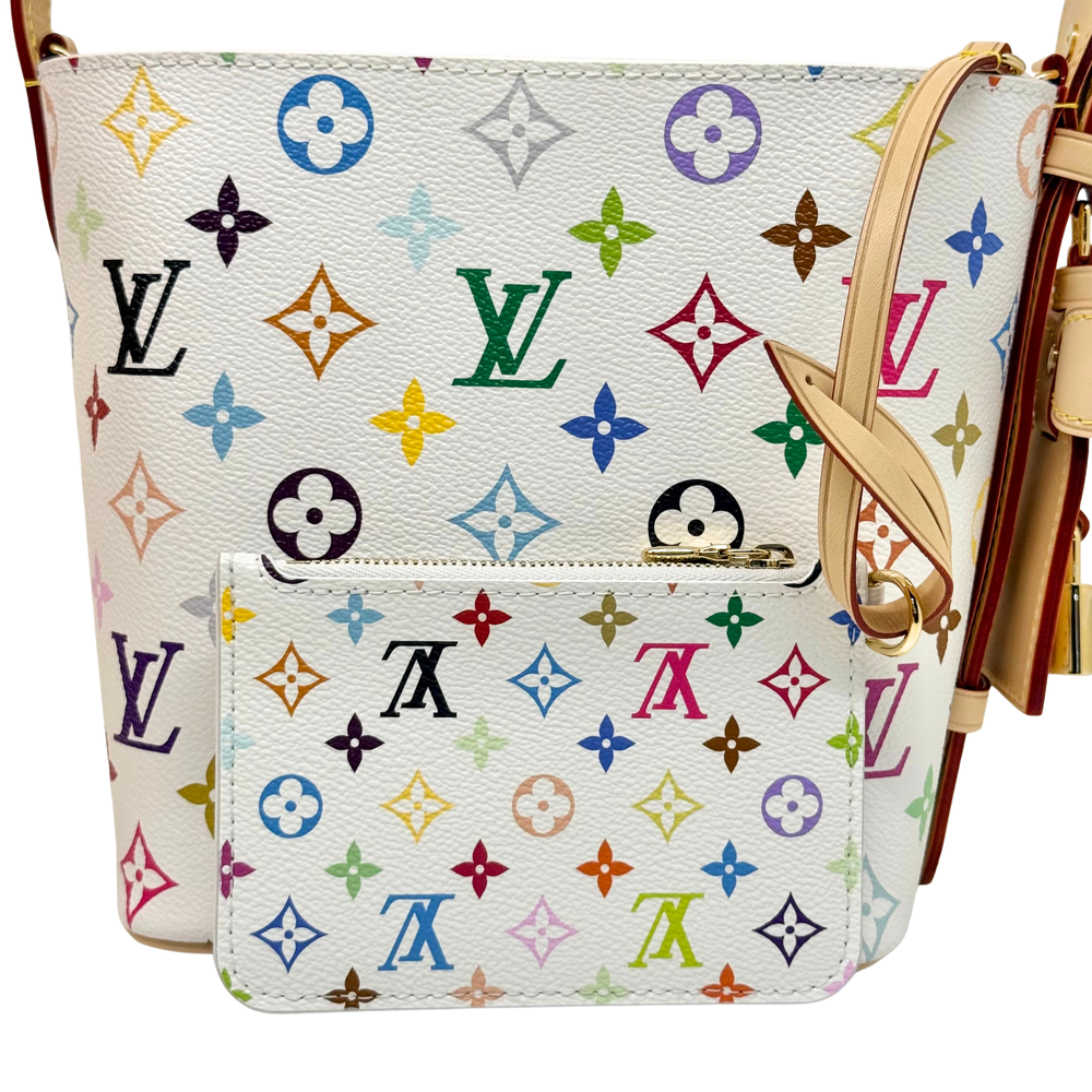 Multicolor monogram zip pouch with tan handle and mini pouch front view