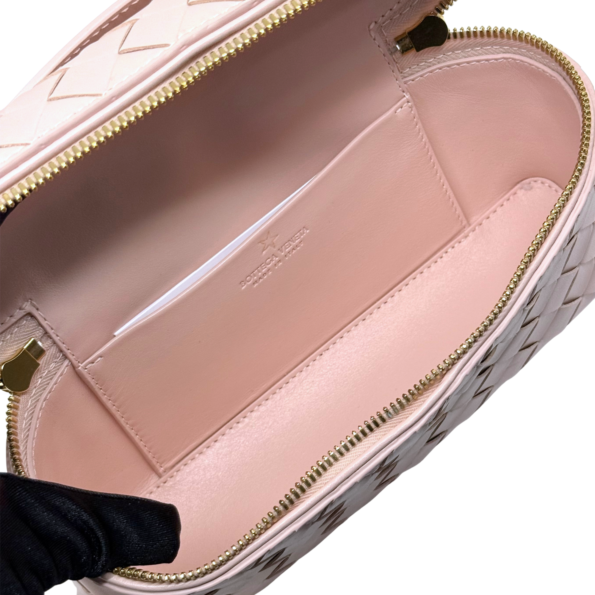 Bottega Veneta pink leather clutch-style bag with top zip and gold trim