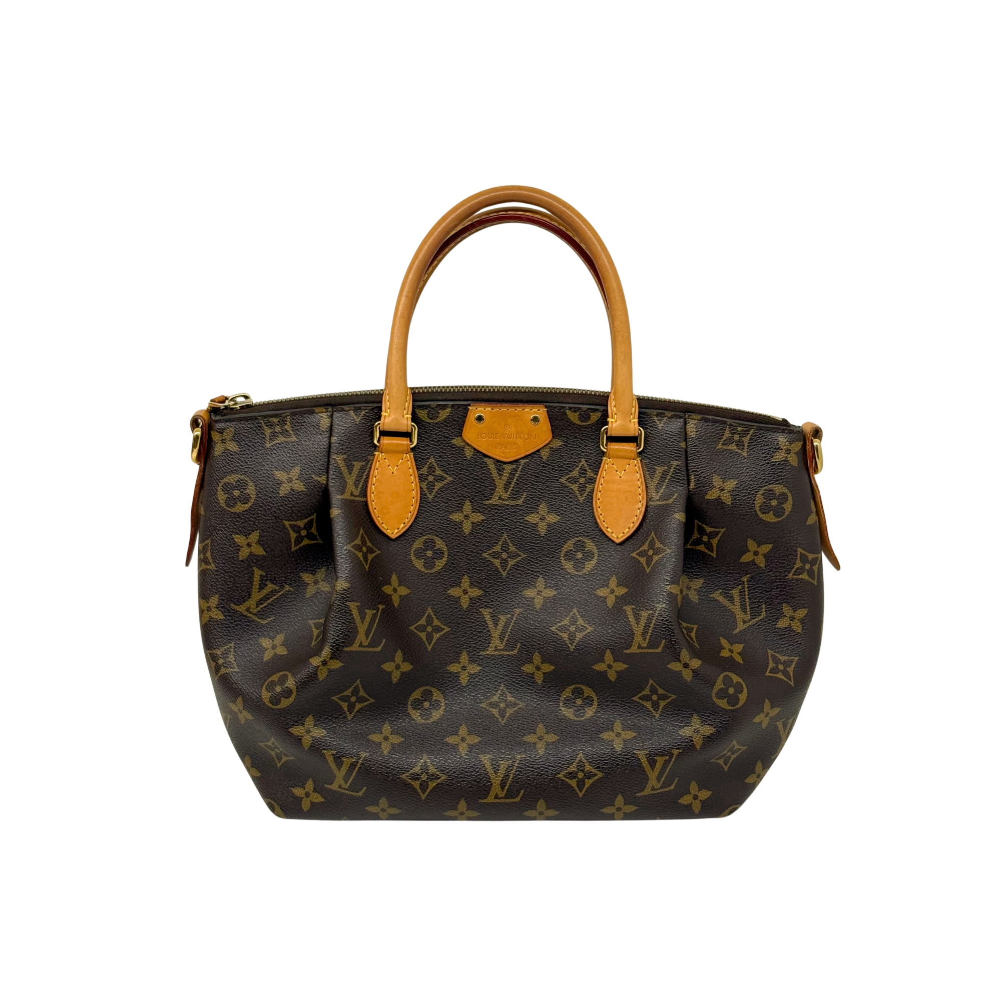 Louis Vuitton monogram handbag with tan leather handles and structured rounded shape