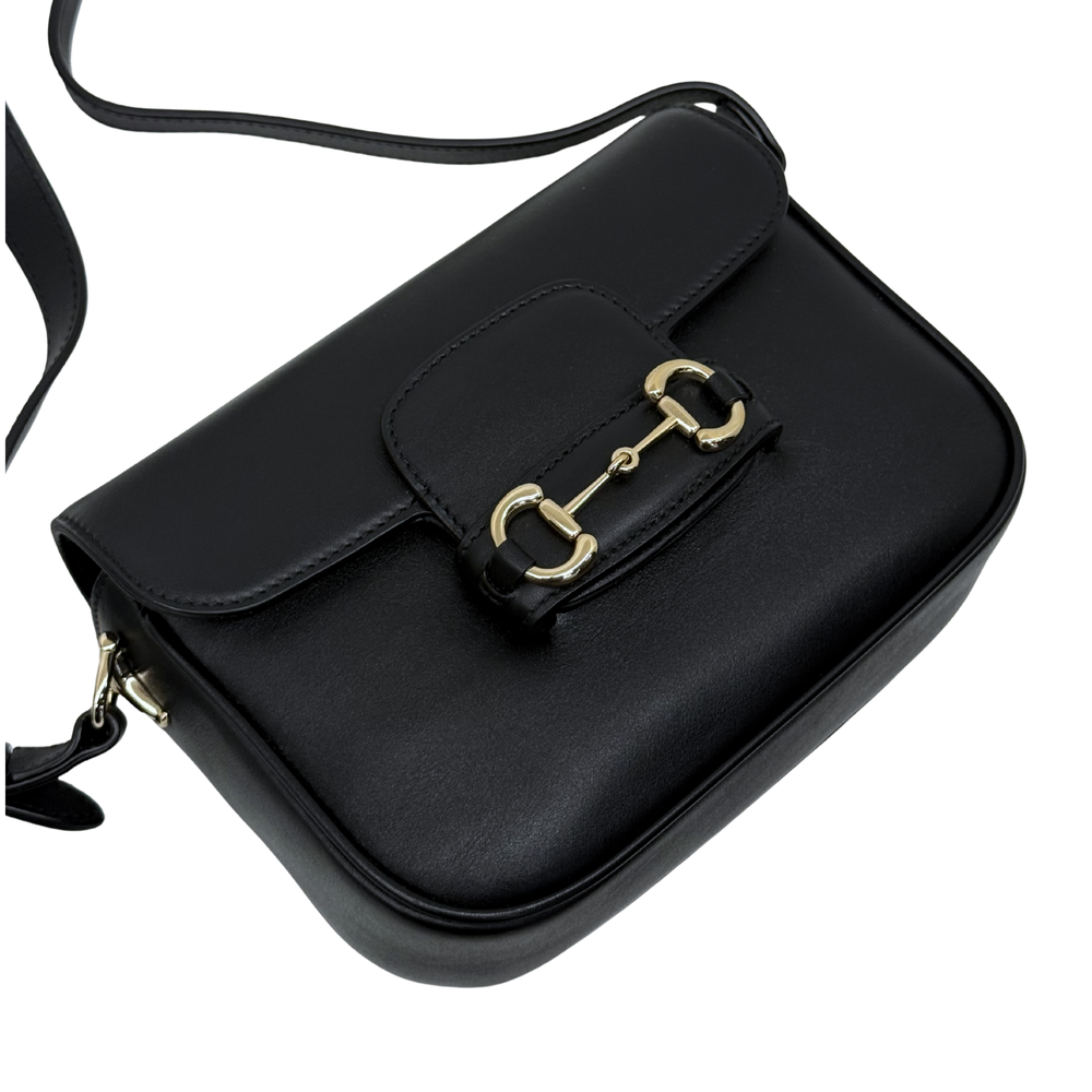 Gucci black leather shoulder bag with top flap and gold-tone double ring clasp