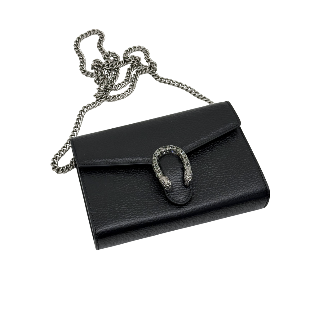 Gucci black leather flap clutch with silver chain strap and horsebit-style front clasp