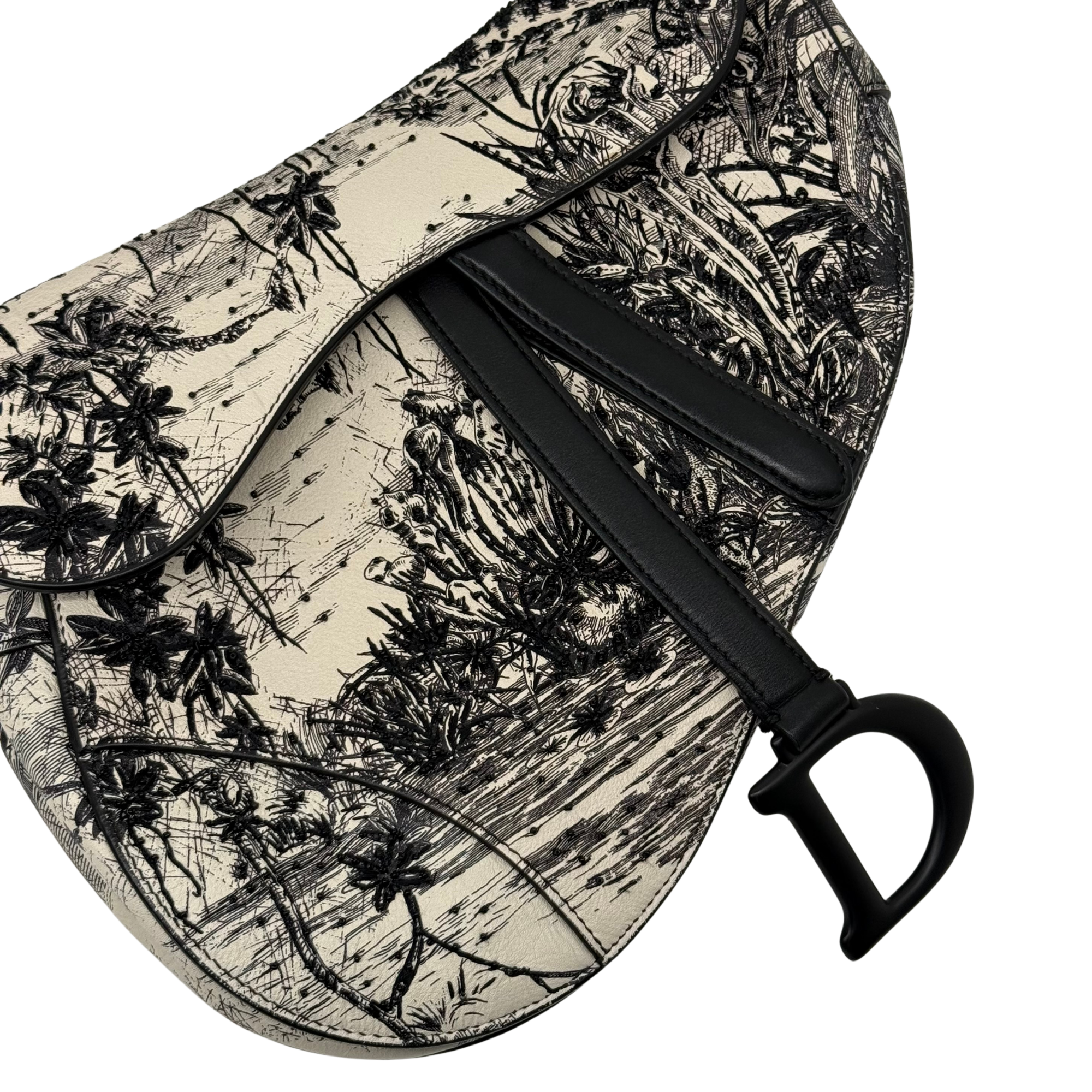 Christian Dior Calfskin Embroidered Palm Tree Toile De Jouy Saddle Bag White Black (pre-owned)