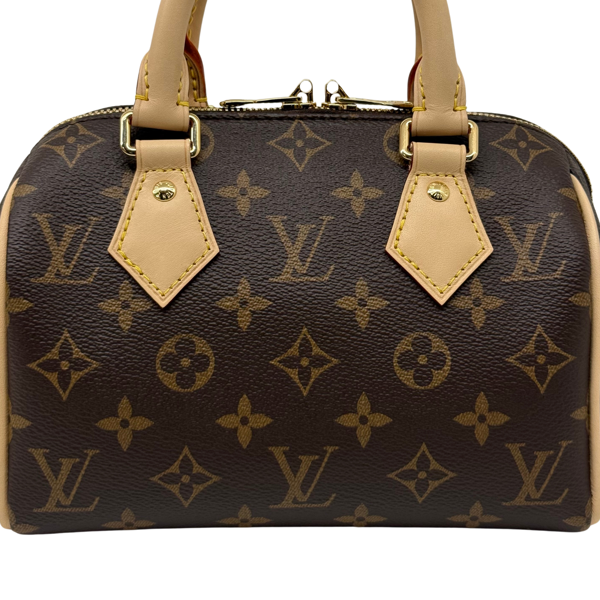 Louis Vuitton monogram handbag front view with beige leather handles and trim